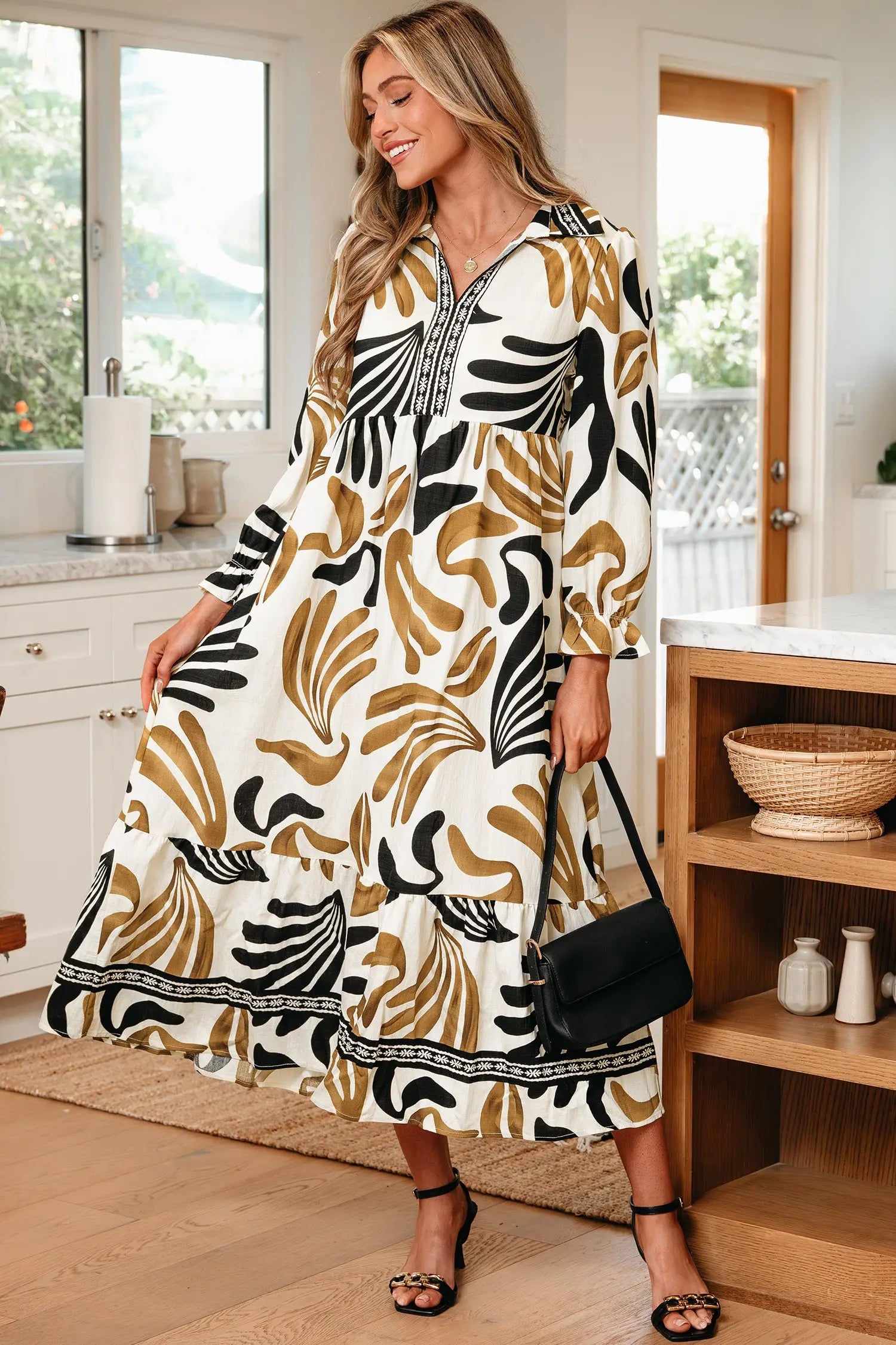 Brown Tropical Print Long Sleeve Dress With Contrast Trim Neck And Ruffle Hem Dear-Lover Dropshipping