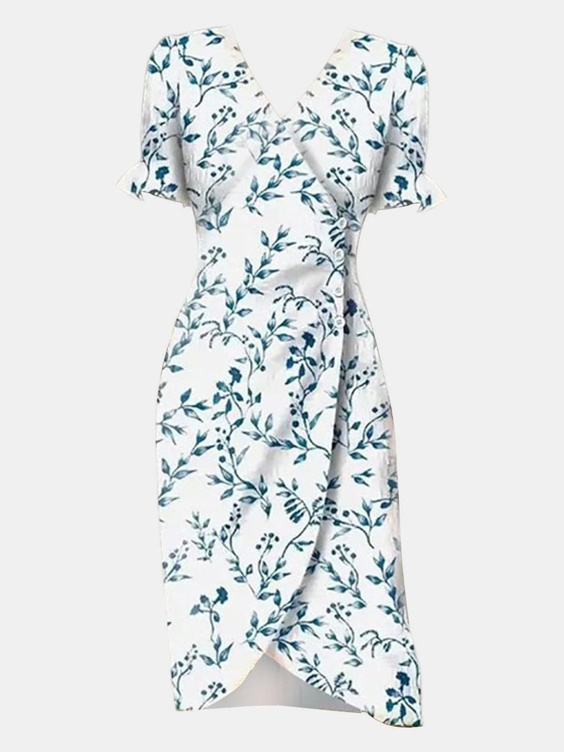 Full Size Printed Surplice Flounce Sleeve Midi Dress.