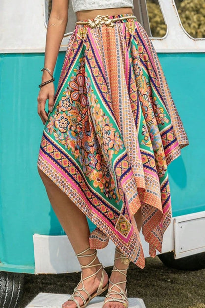 Printed High Waist Handkerchief Hem Skirt.