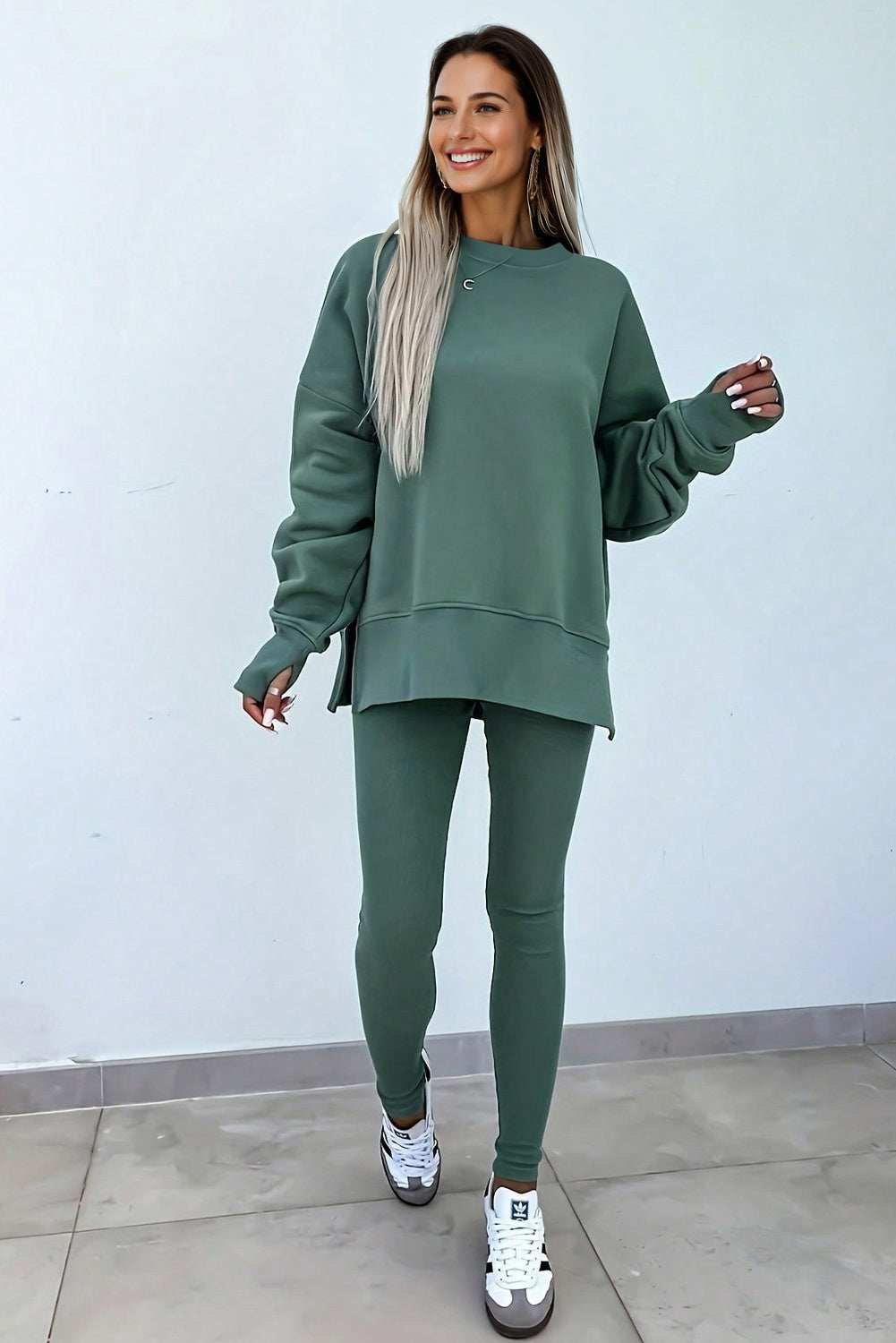 Green Bay Solid Color Oversized Slit Sweatshirt Leggings 2pc Dear-Lover Dropshipping