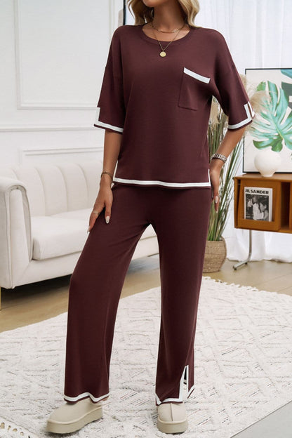 Chic contrast trim two-piece set with half sleeves and pockets