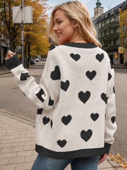 Heart Button Up Dropped Shoulder Long Sleeve Cardigan