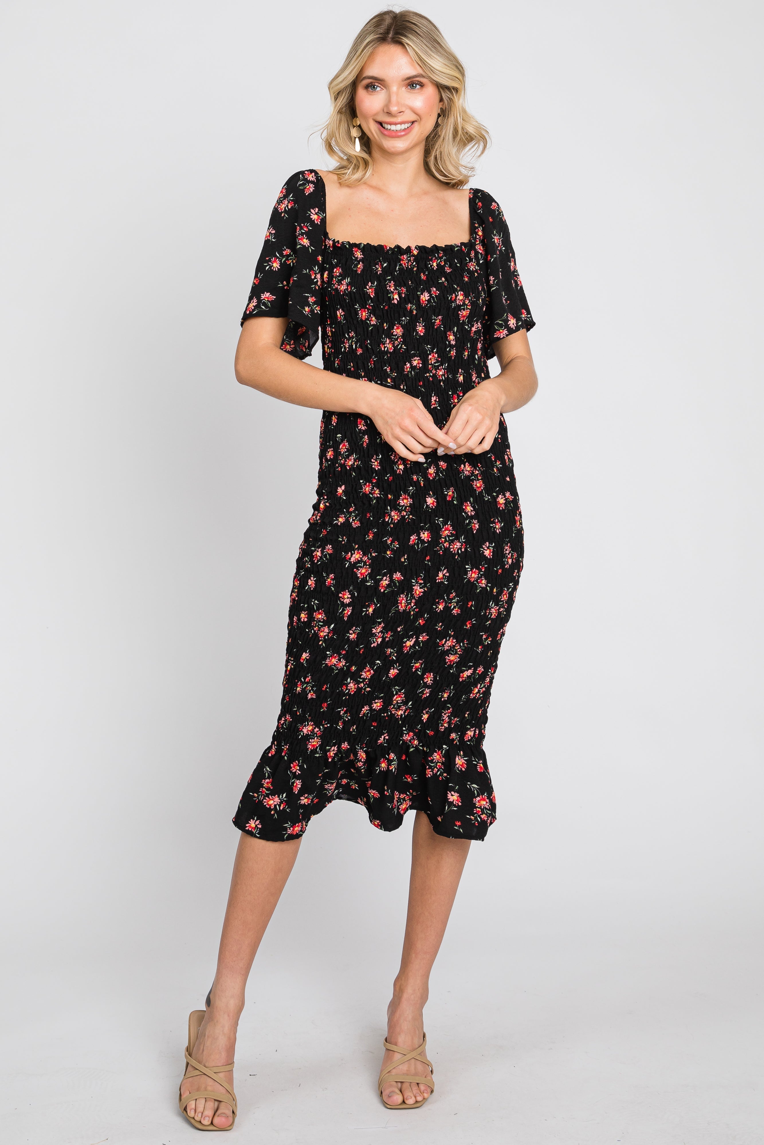 Black Floral Smocked Ruffle Hem Dress PinkBlush