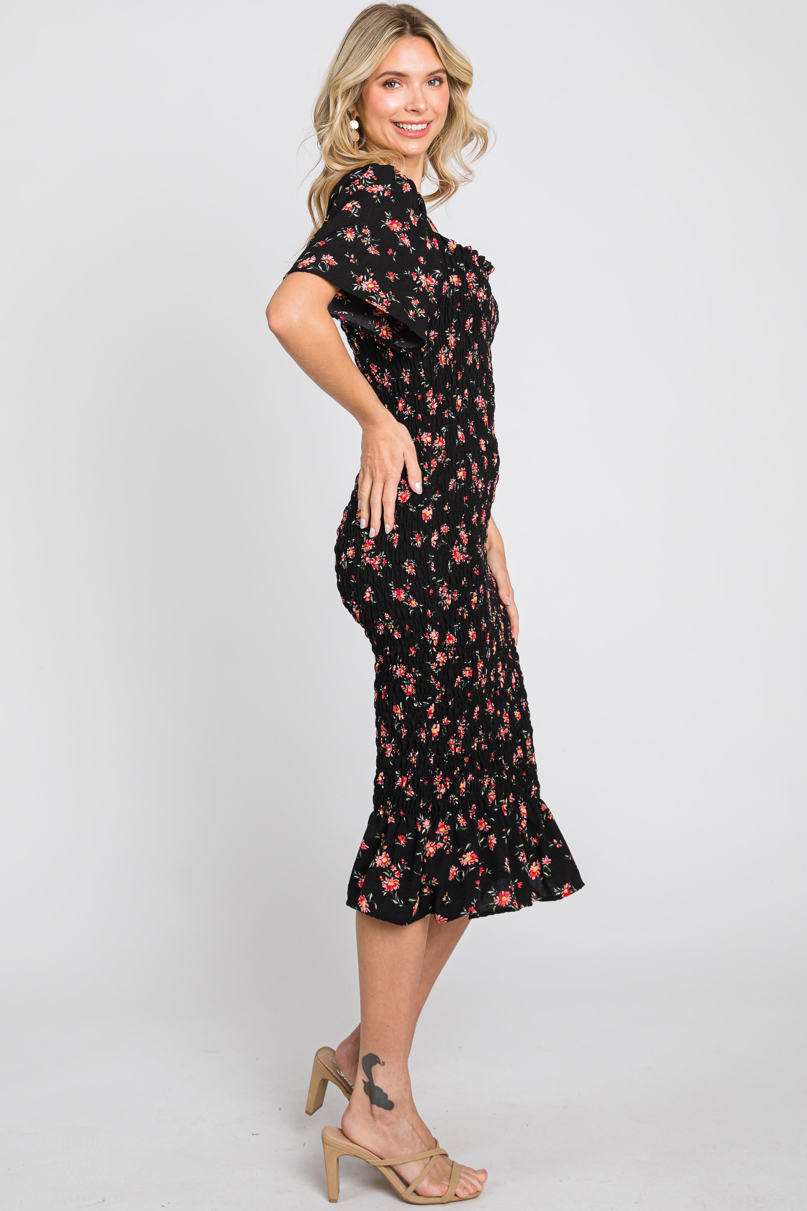 Black Floral Smocked Ruffle Hem Dress PinkBlush