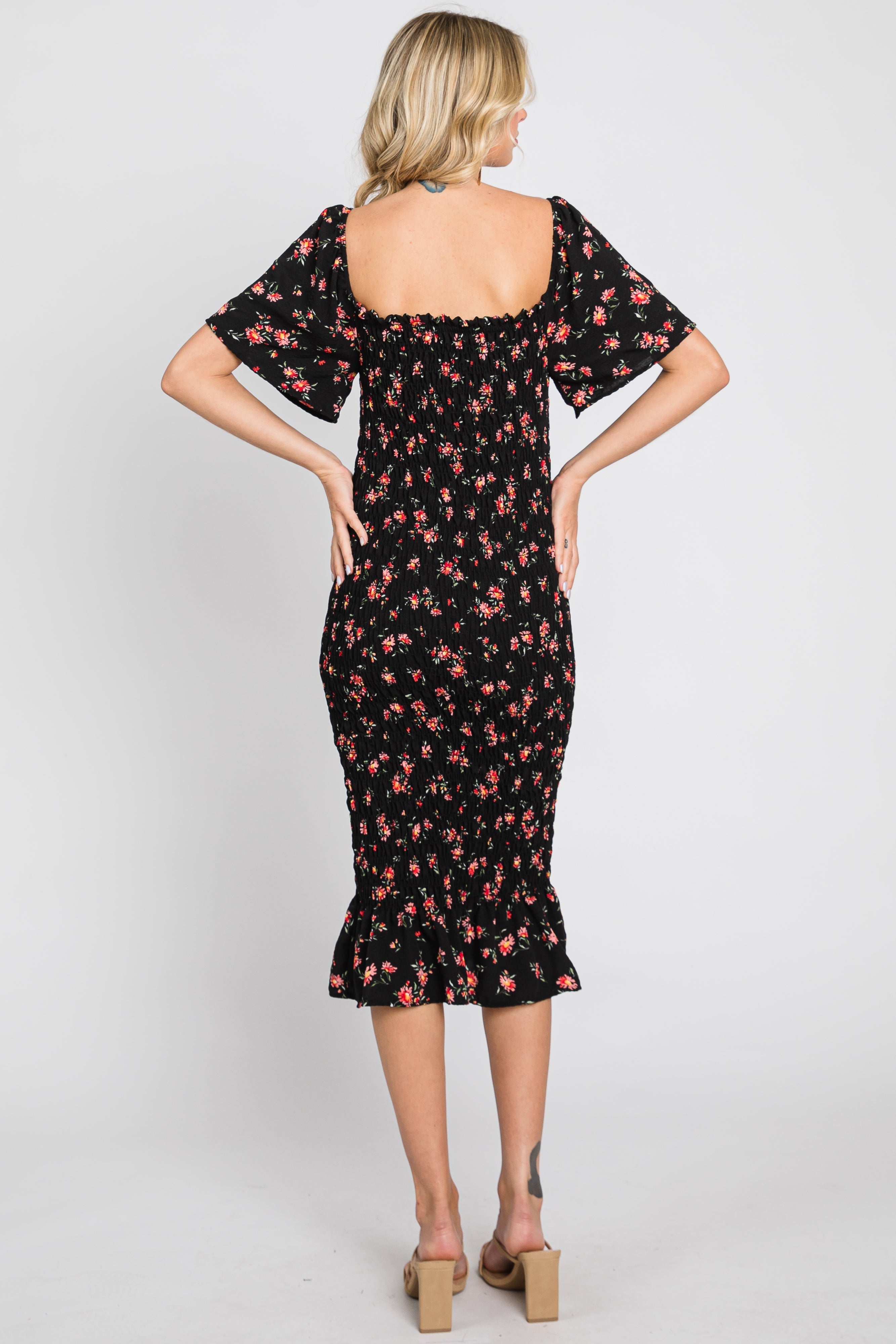 Black Floral Smocked Ruffle Hem Dress PinkBlush