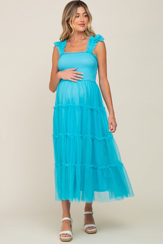 Turquoise Smocked Mesh Ruffle Accent Maternity Midi Dress PinkBlush