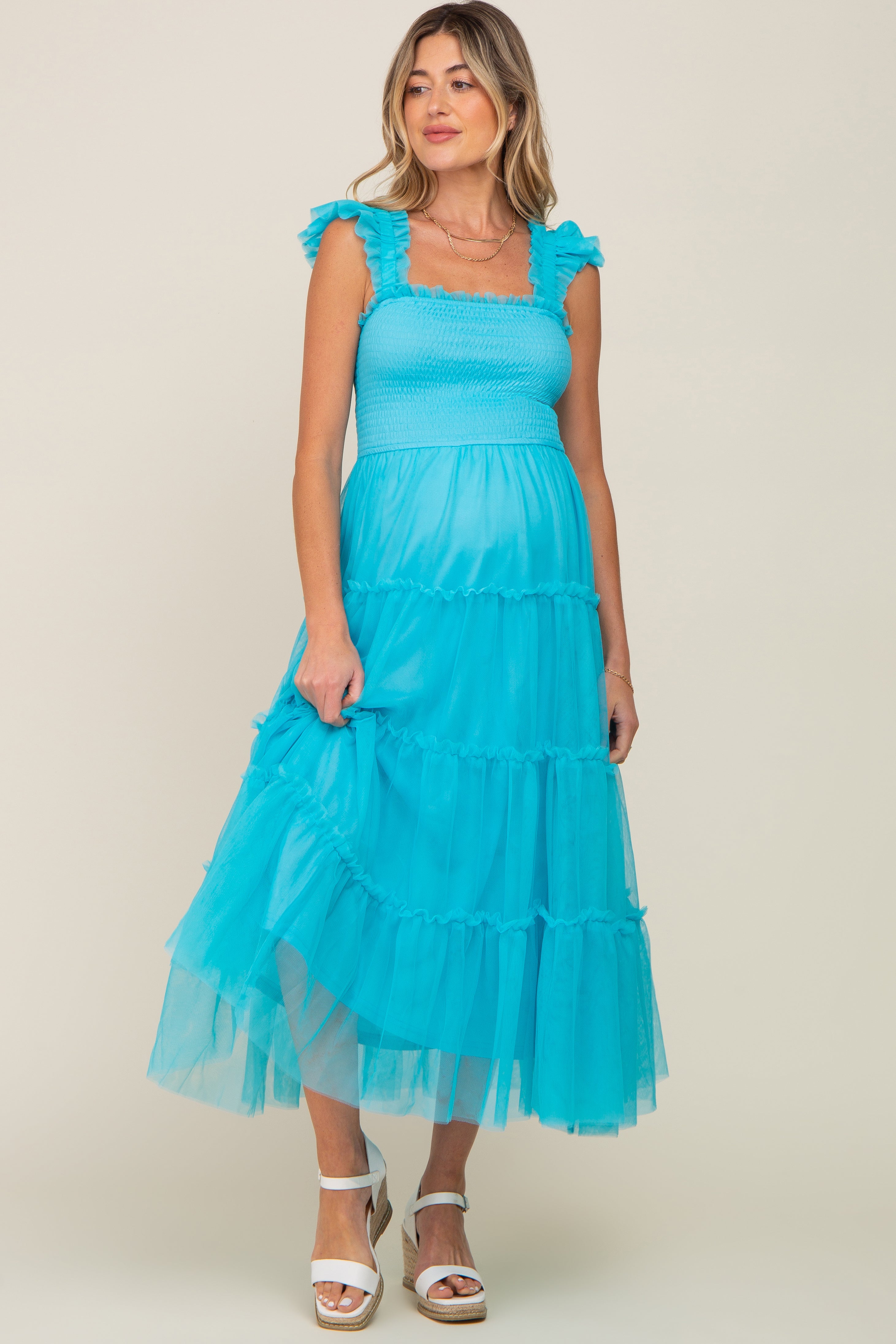 Turquoise Smocked Mesh Ruffle Accent Maternity Midi Dress PinkBlush