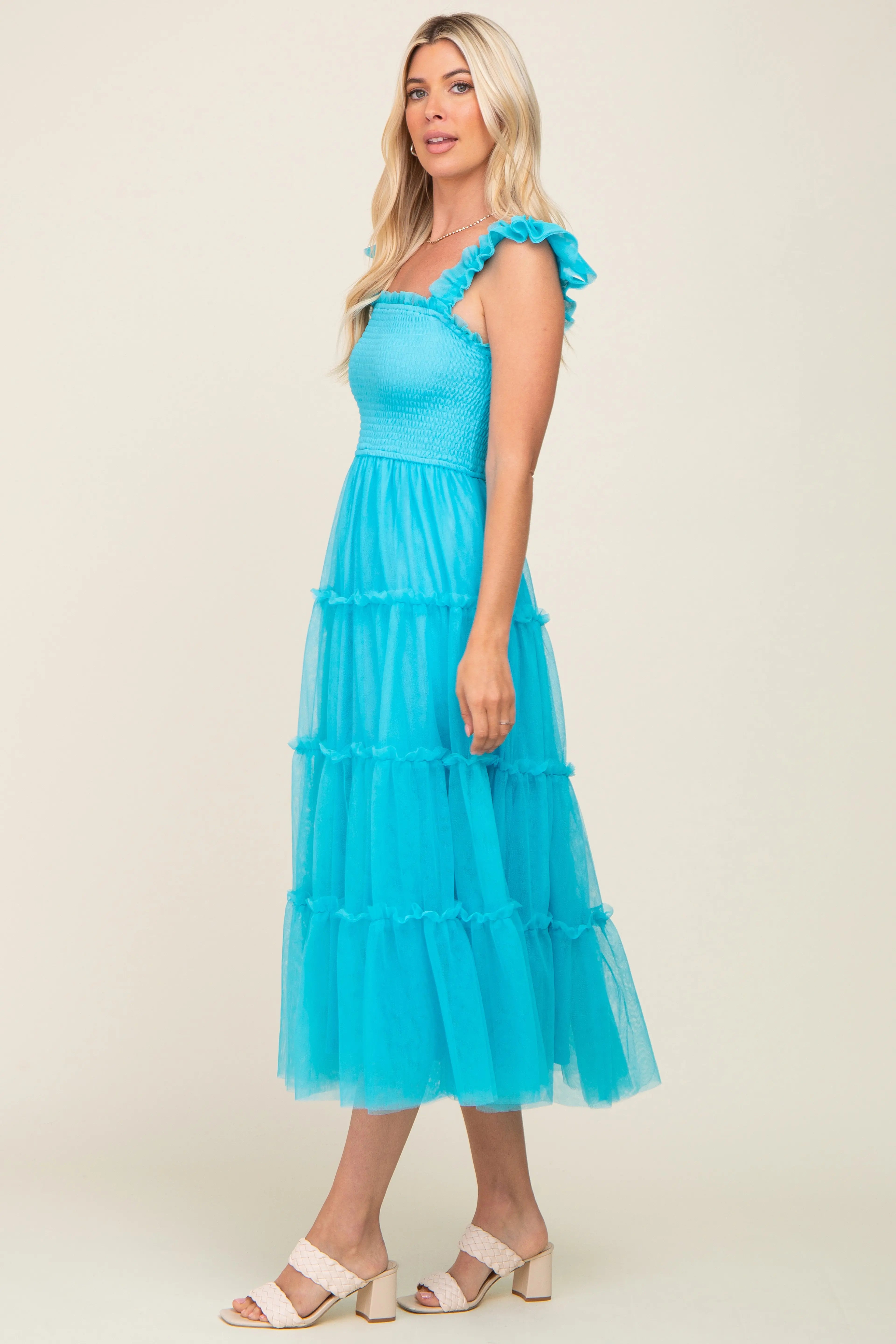 Turquoise Smocked Mesh Ruffle Accent Midi Dress PinkBlush