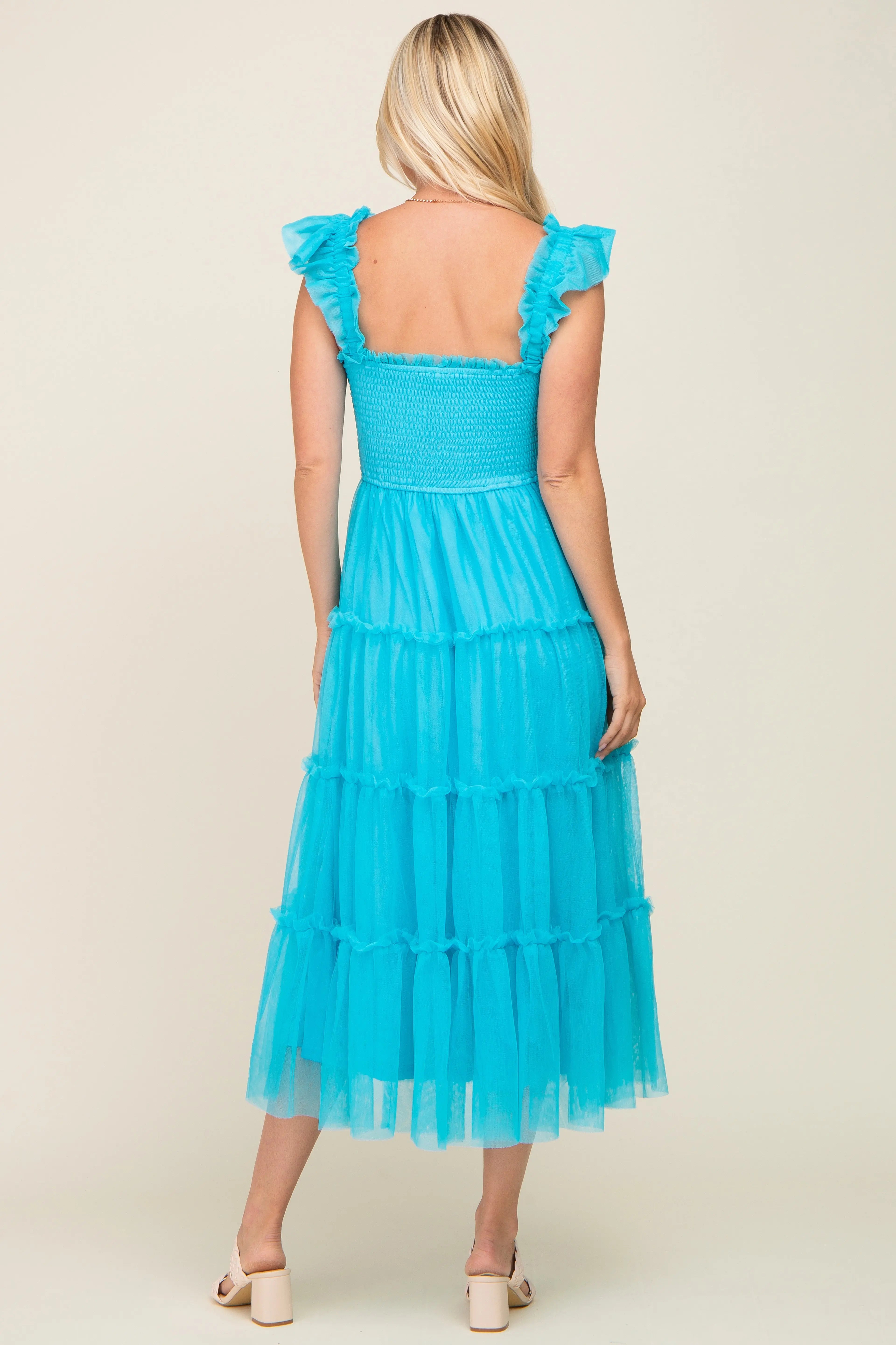 Turquoise Smocked Mesh Ruffle Accent Midi Dress PinkBlush