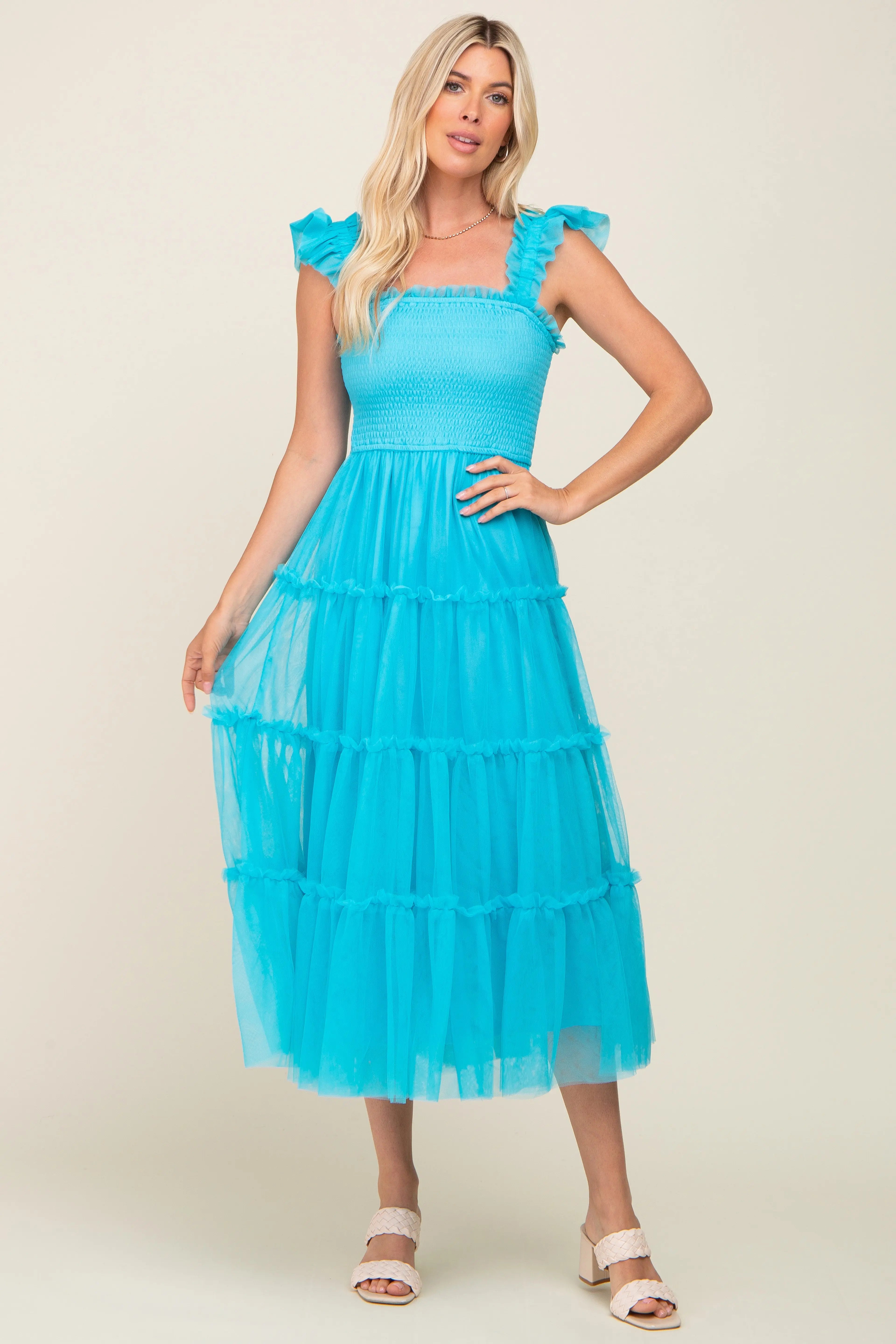 Turquoise Smocked Mesh Ruffle Accent Midi Dress PinkBlush