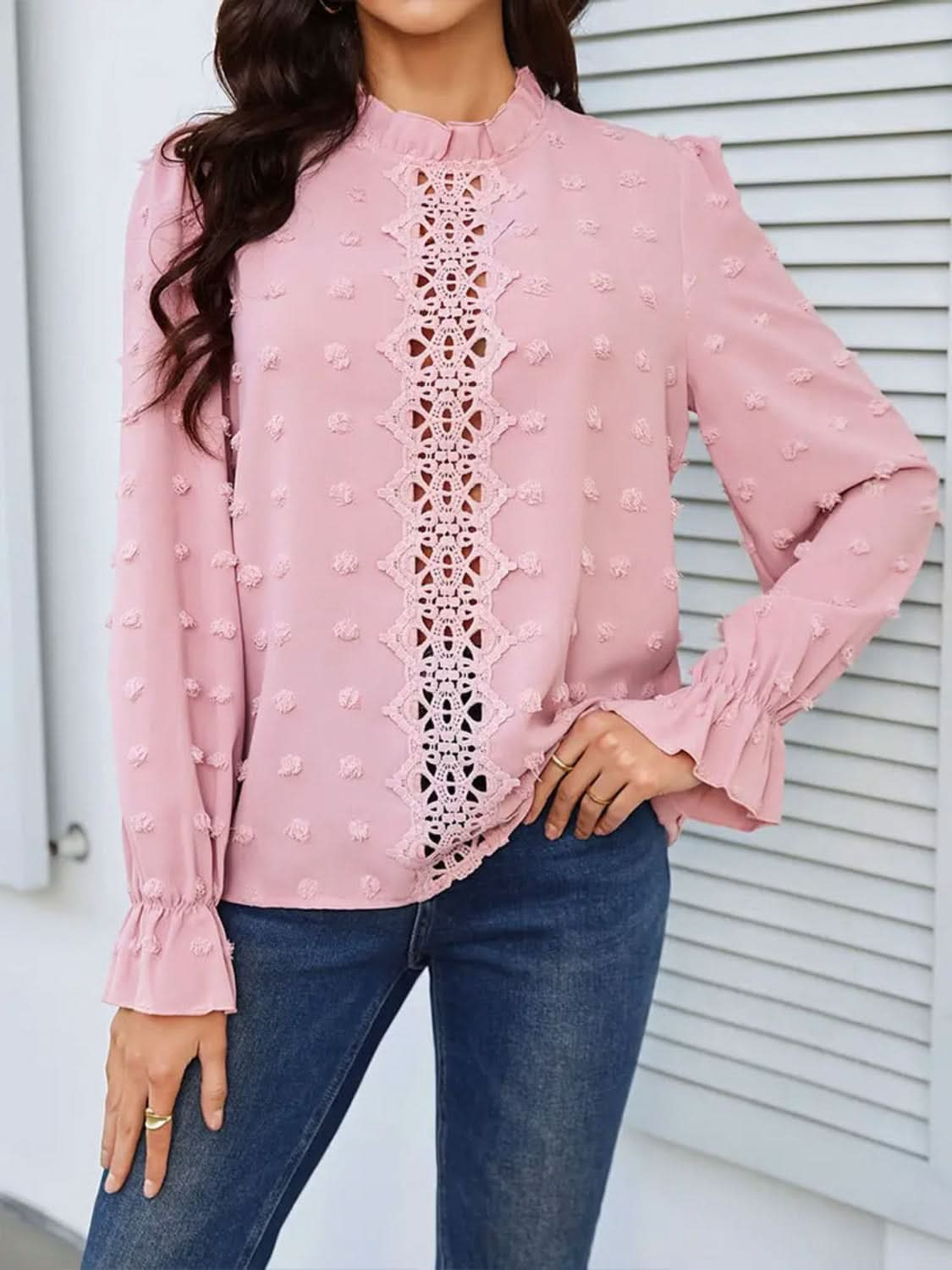 Chic Swiss dot mock neck blouse with flouncy sleeves