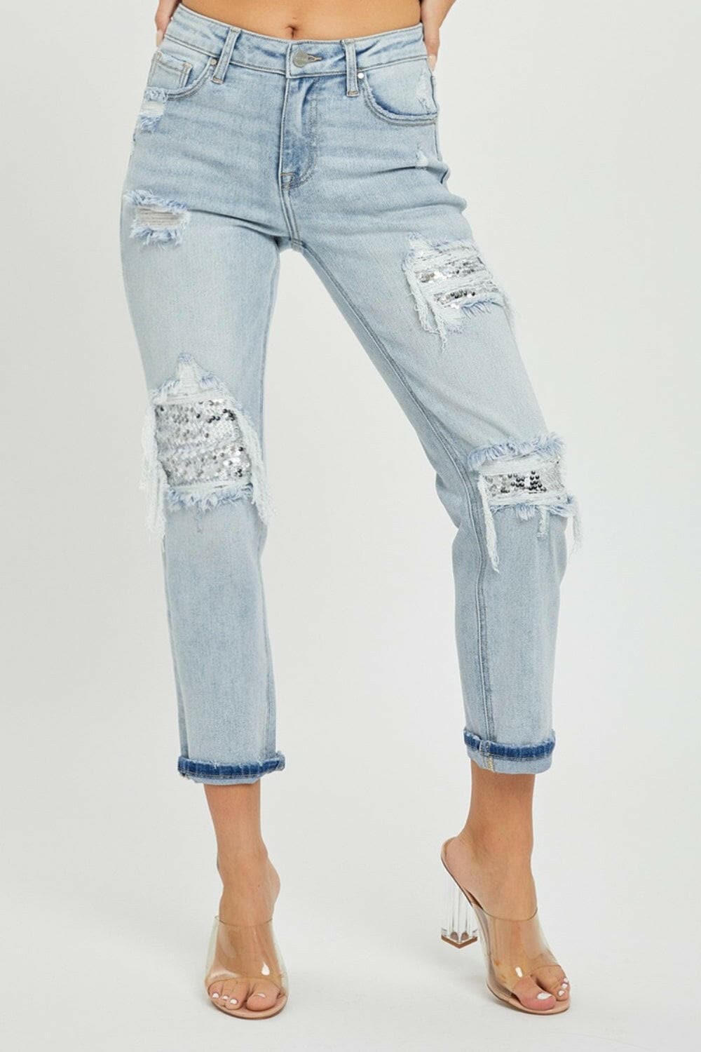 RISEN Mid-Rise Sequin Patched Jeans.