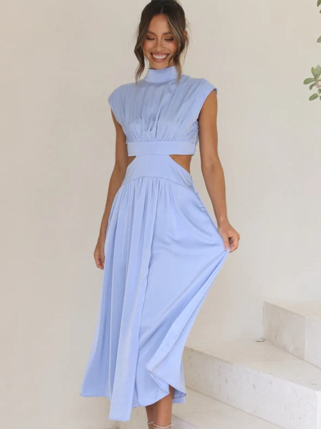 Cutout Mock Neck Sleeveless Ruched Dress.