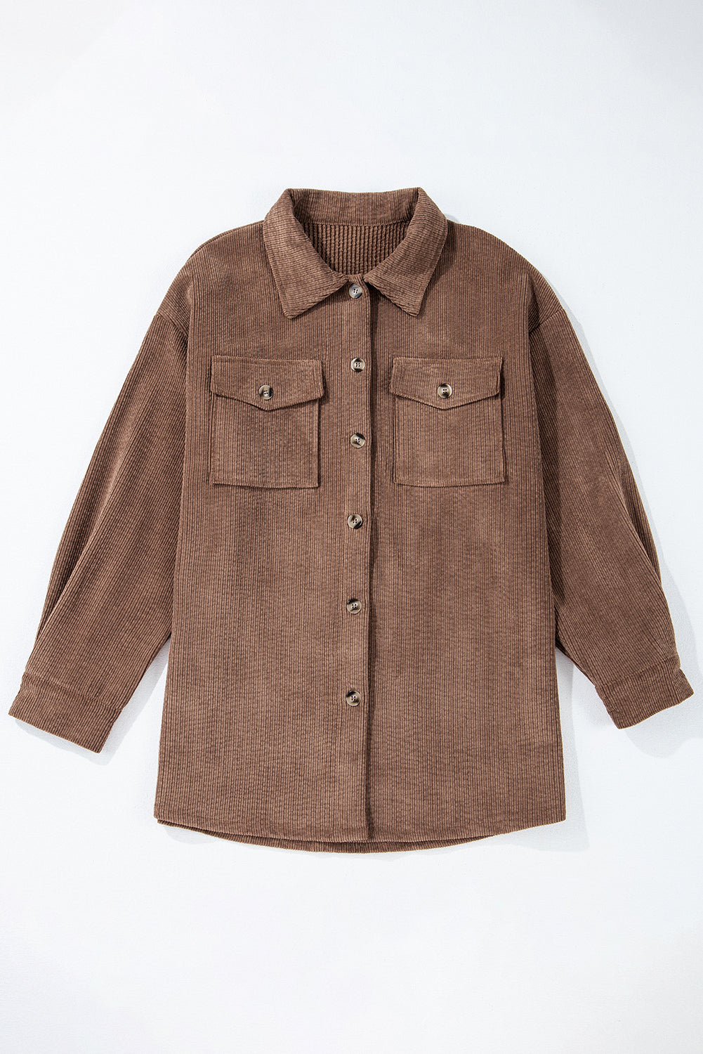 Cozy chestnut corduroy button-up shacket with flap pockets