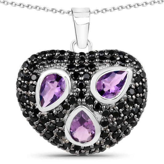 Bids.com 3.19 Carat Genuine Amethyst and Black Spinel .925 Sterling Silver Pendant, front view showcasing the elegant design.