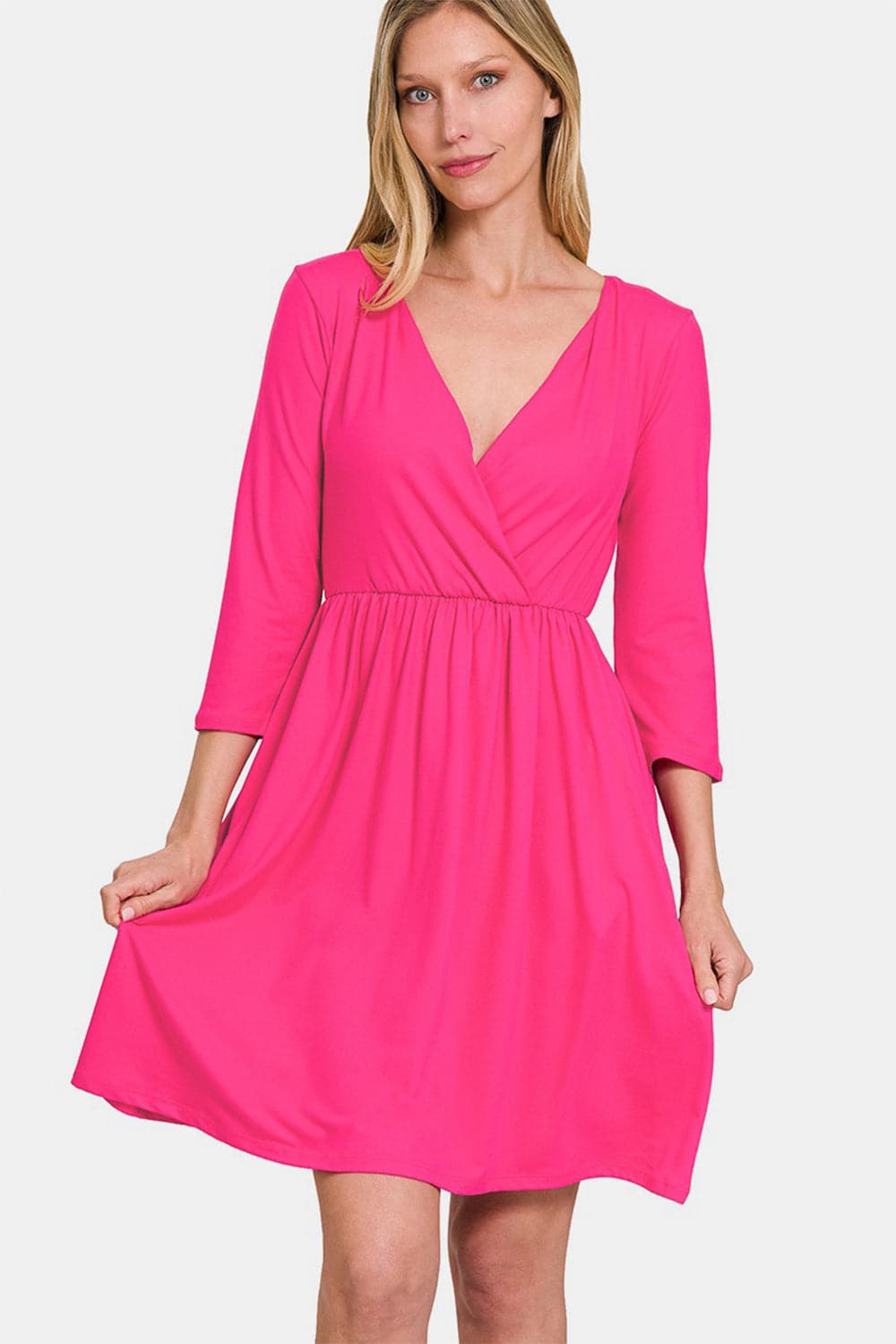 Zenana Three-Quarter Sleeve Surplice Dress with Pockets.