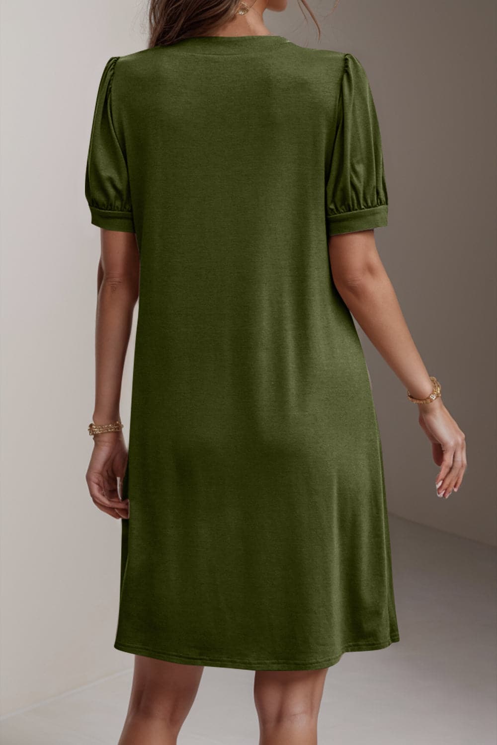 Pin-Tuck Notched Short Sleeve Dress.