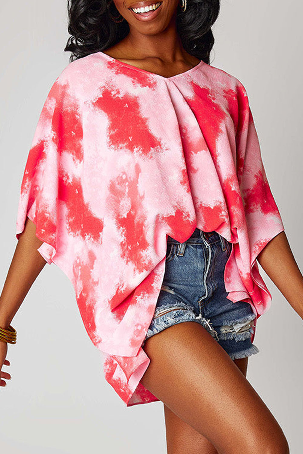 Vibrant red plus size tie-dye tunic with 3/4 sleeves