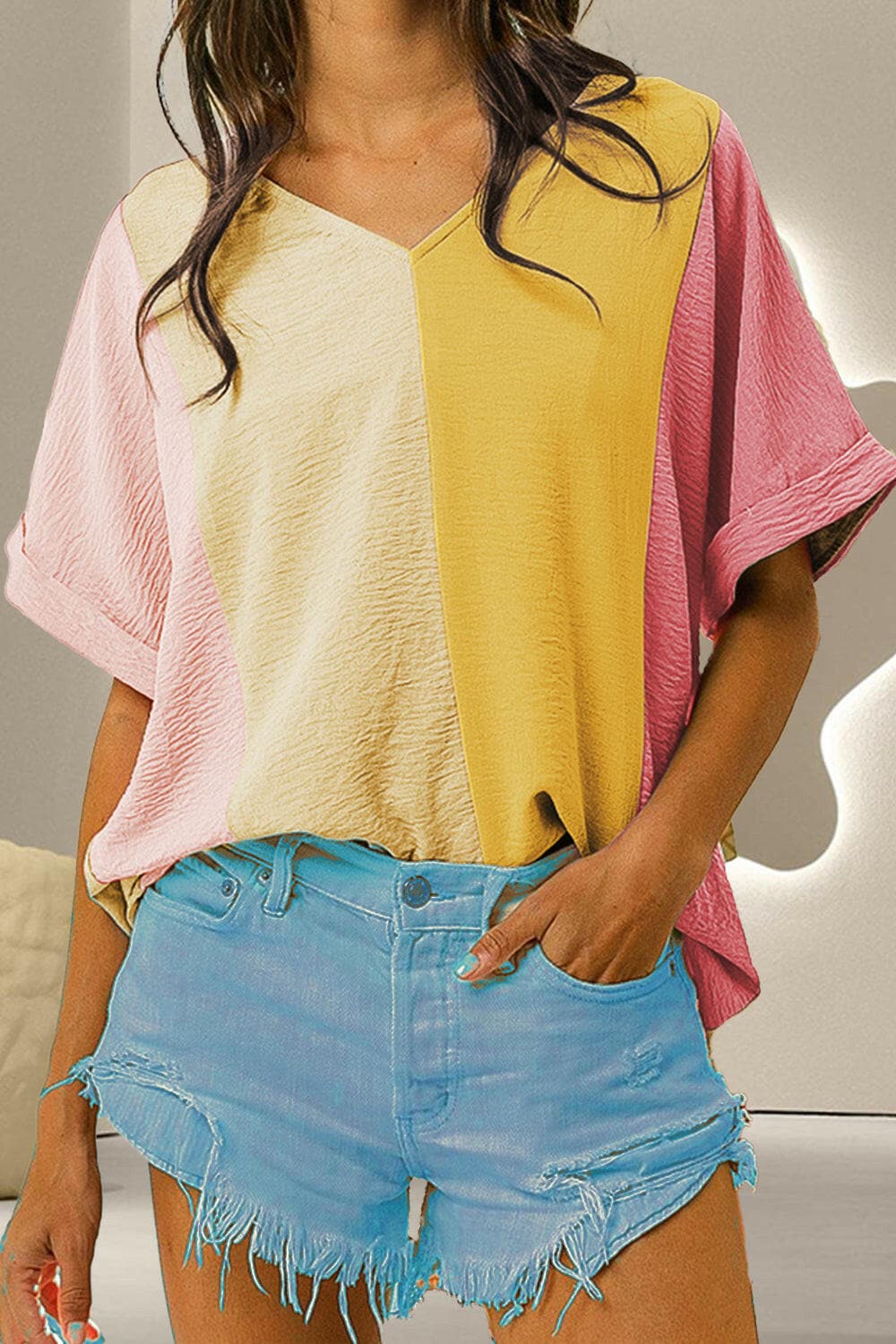 Color Block V-Neck Half Sleeve T-ShirtDiscover the Color Block V-Neck Half Sleeve T-Shirt
 Upgrade your wardrobe with our Color Block V-Neck Half Sleeve T-Shirt, a versatile piece that combines style andLove Salve -Neck Half Sleevejust arrived