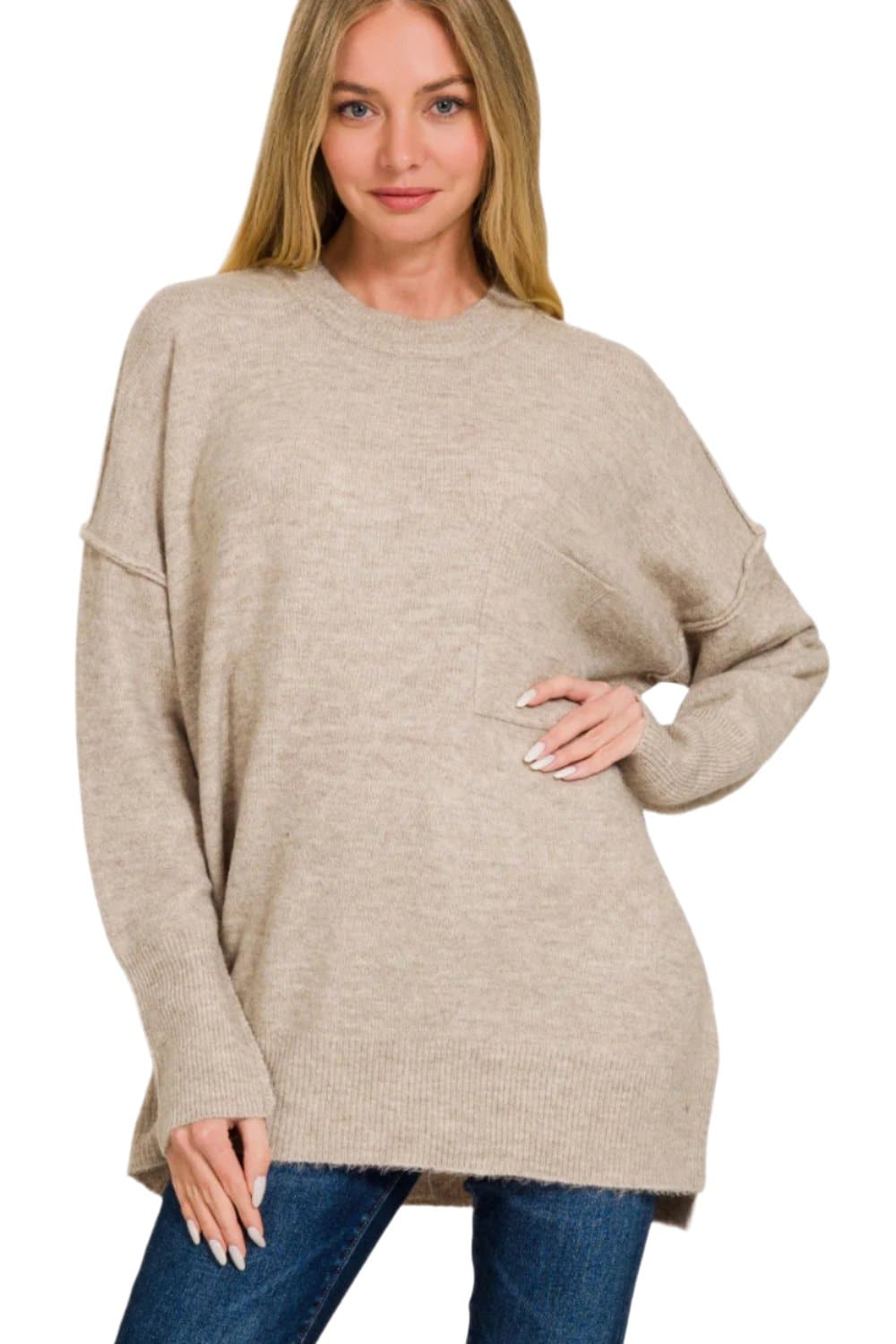 Zenana High-Low Hem Drop Shoulder Sweater.