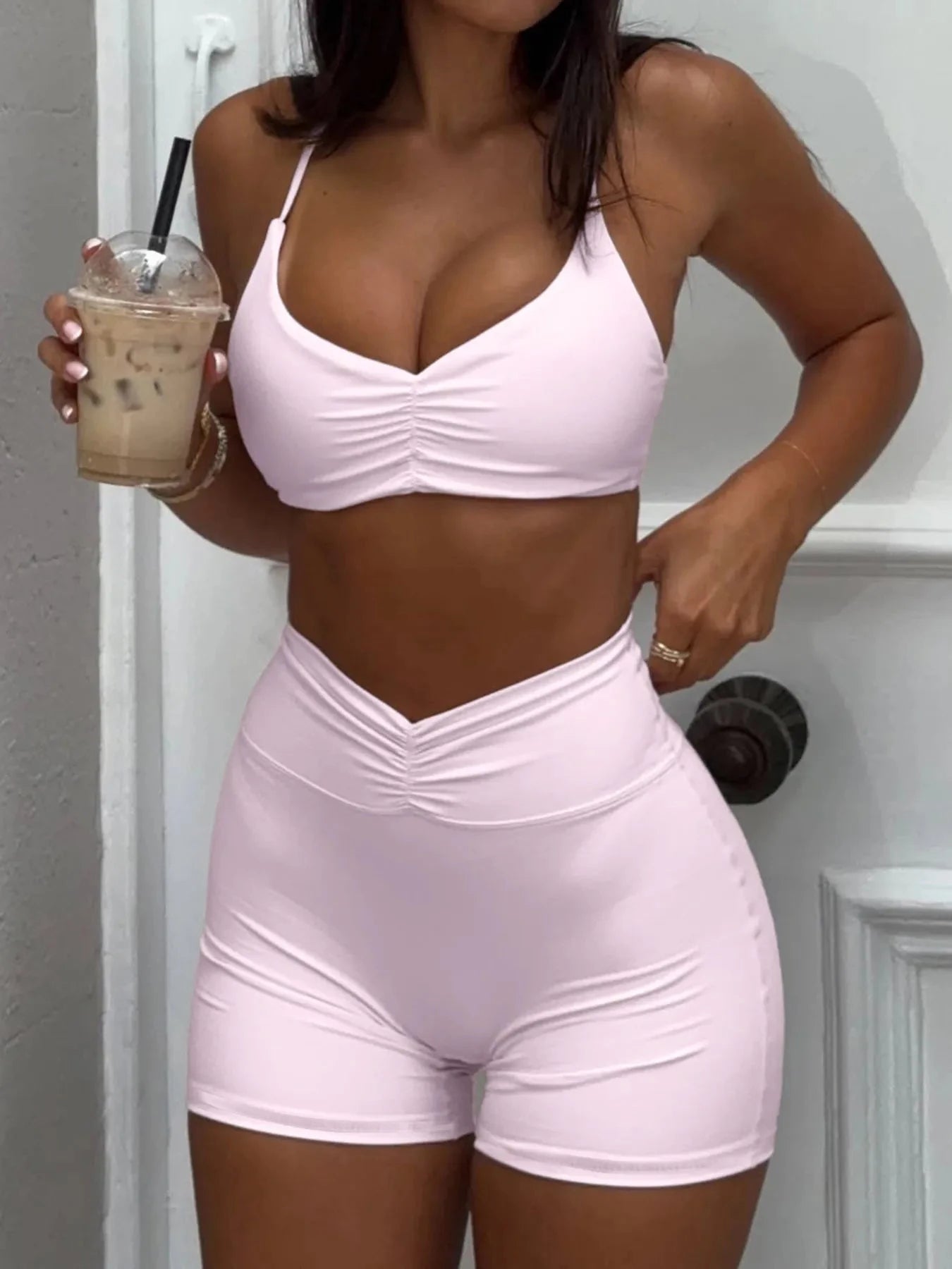 Ruched Sports Bra and High-Waisted Shorts Active Set Coco’s Tee Boutique