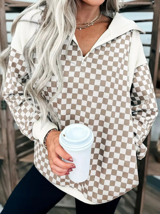 Beige And White Checkered Cotton Blend Quarter Zip Sweatshirt With Zipper Simply Love