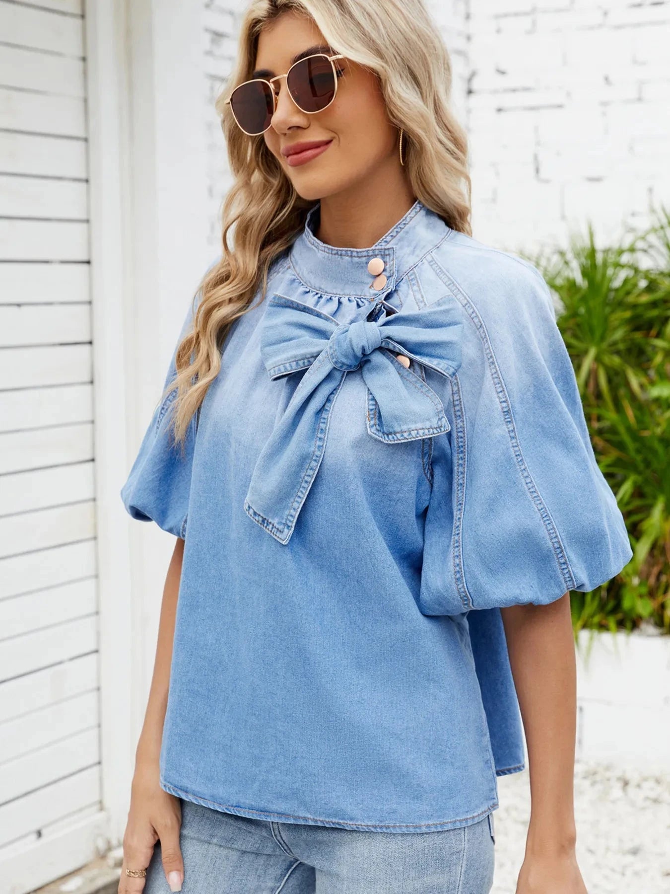 Denim Bow Tie Puff Sleeve Top Coco’s Tee Boutique