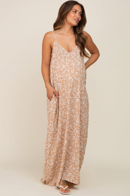 PinkBlush taupe leaf print double V-neck maternity maxi dress front view