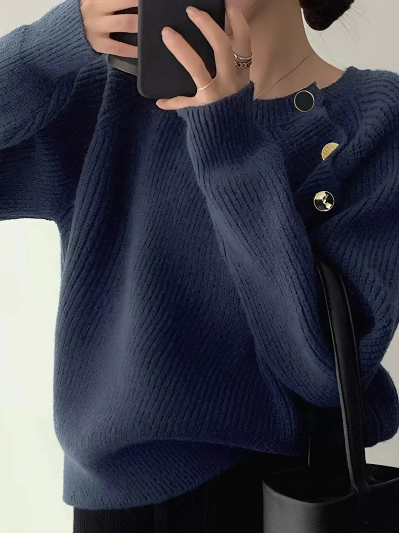 Button-Decorated Round Neck Sweater Simply Love