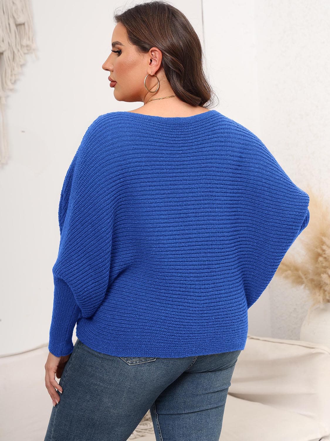 Full Size Boat Neck Batwing Sleeve Sweater.