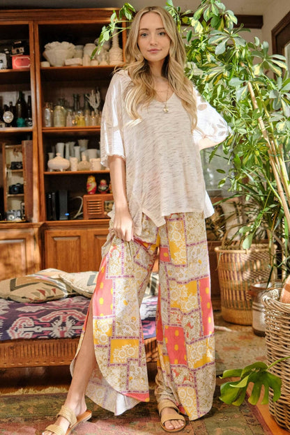 And The Why Printed Smocking Waist Side Slit Wide Leg Pants.