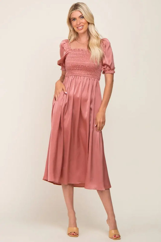 Pink Satin Puff Sleeve Midi Dress PinkBlush