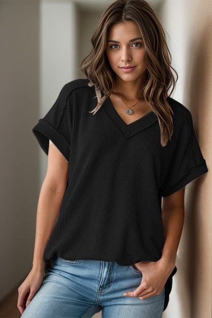 Textured V-Neck Short Sleeve Top.