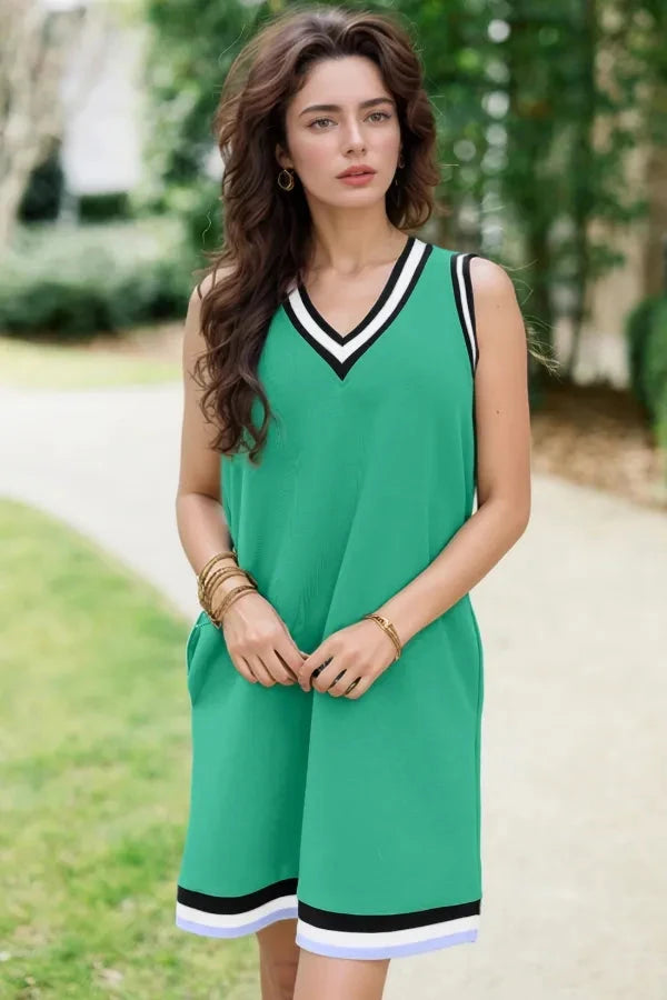 Color Contrast Trim V Neck Shift Sleeveless Mini Dress Simply Love