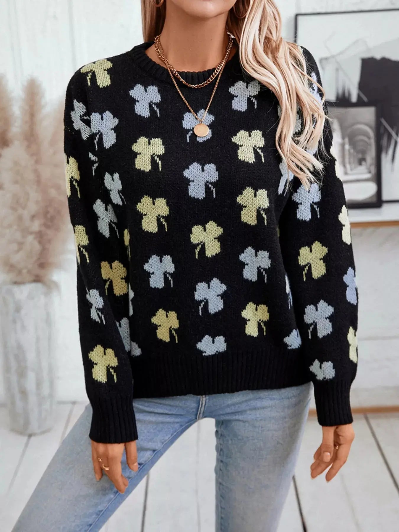 Clover Round Neck Long Sleeve Sweater Simply Love