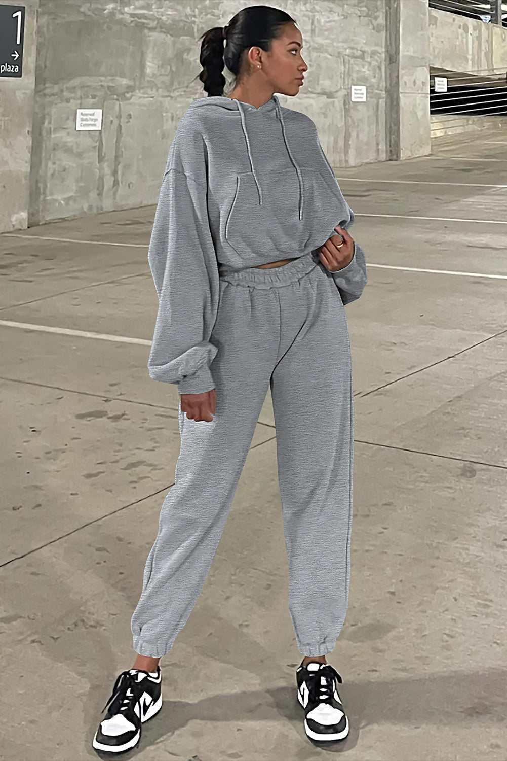 Cozy gray hoodie and joggers set for active adventures