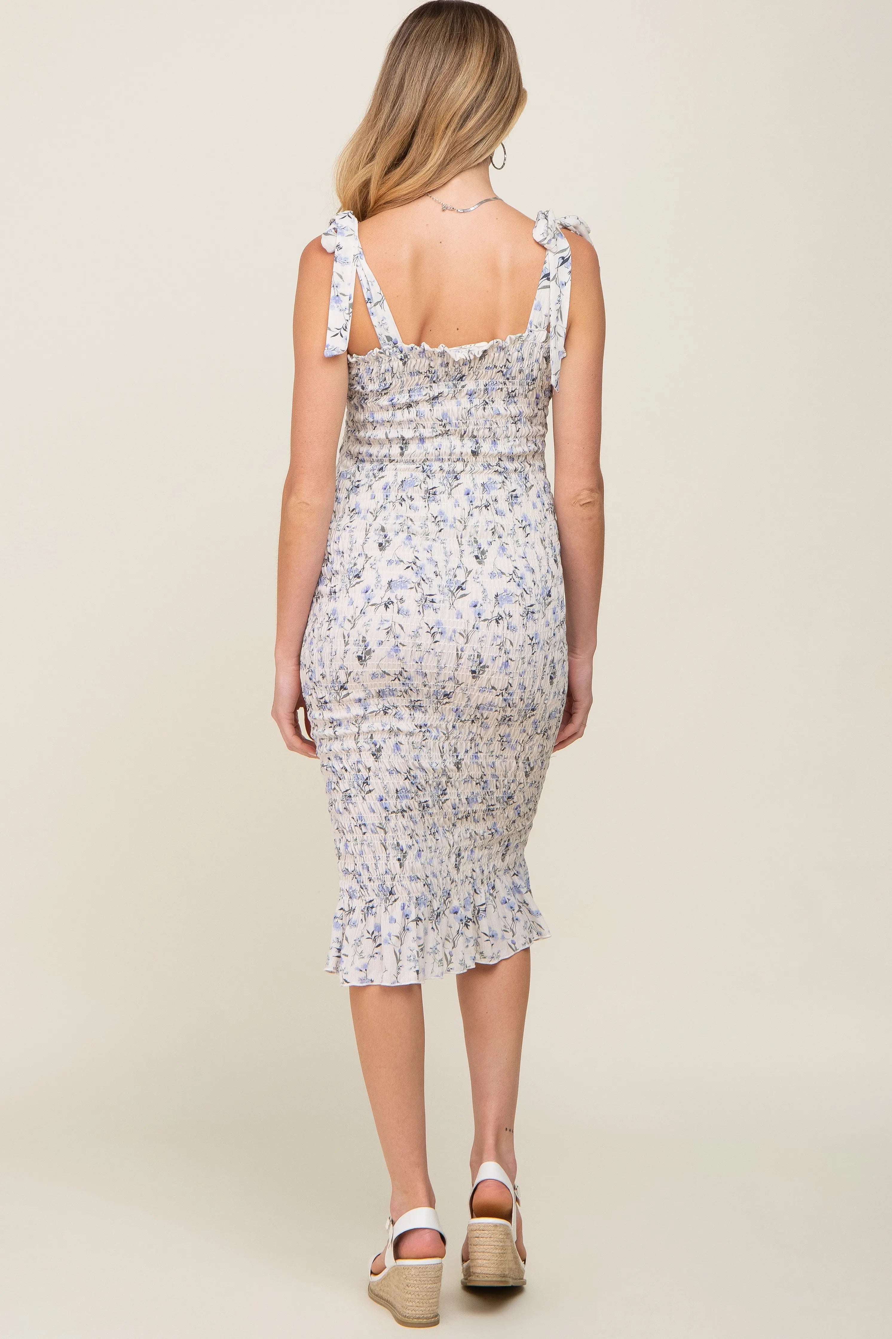 White Floral Smocked Fitted Maternity Dress PinkBlush
