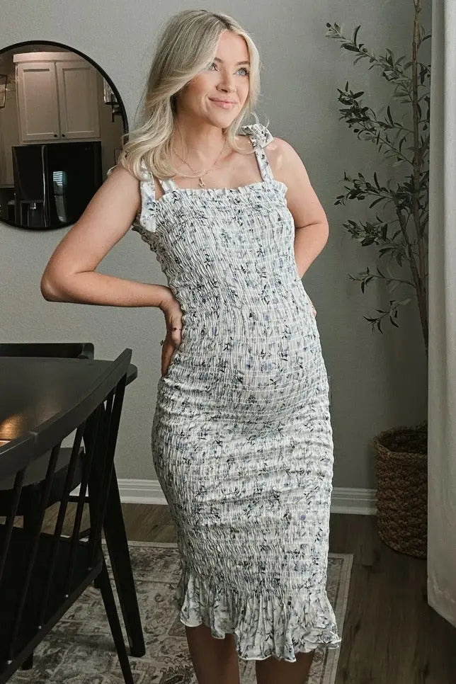 White Floral Smocked Fitted Maternity Dress PinkBlush