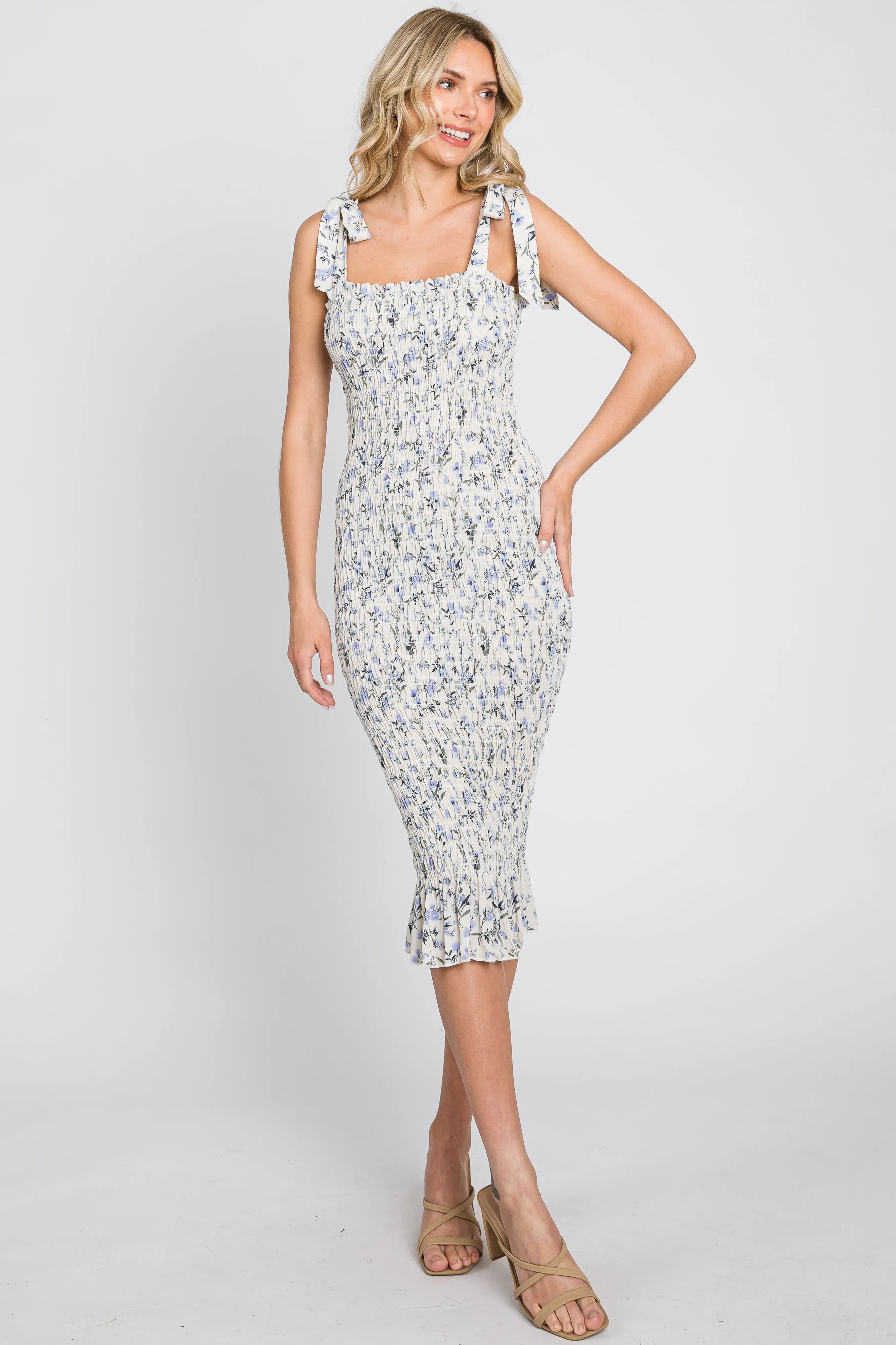 White Floral Smocked Fitted Maternity Dress PinkBlush