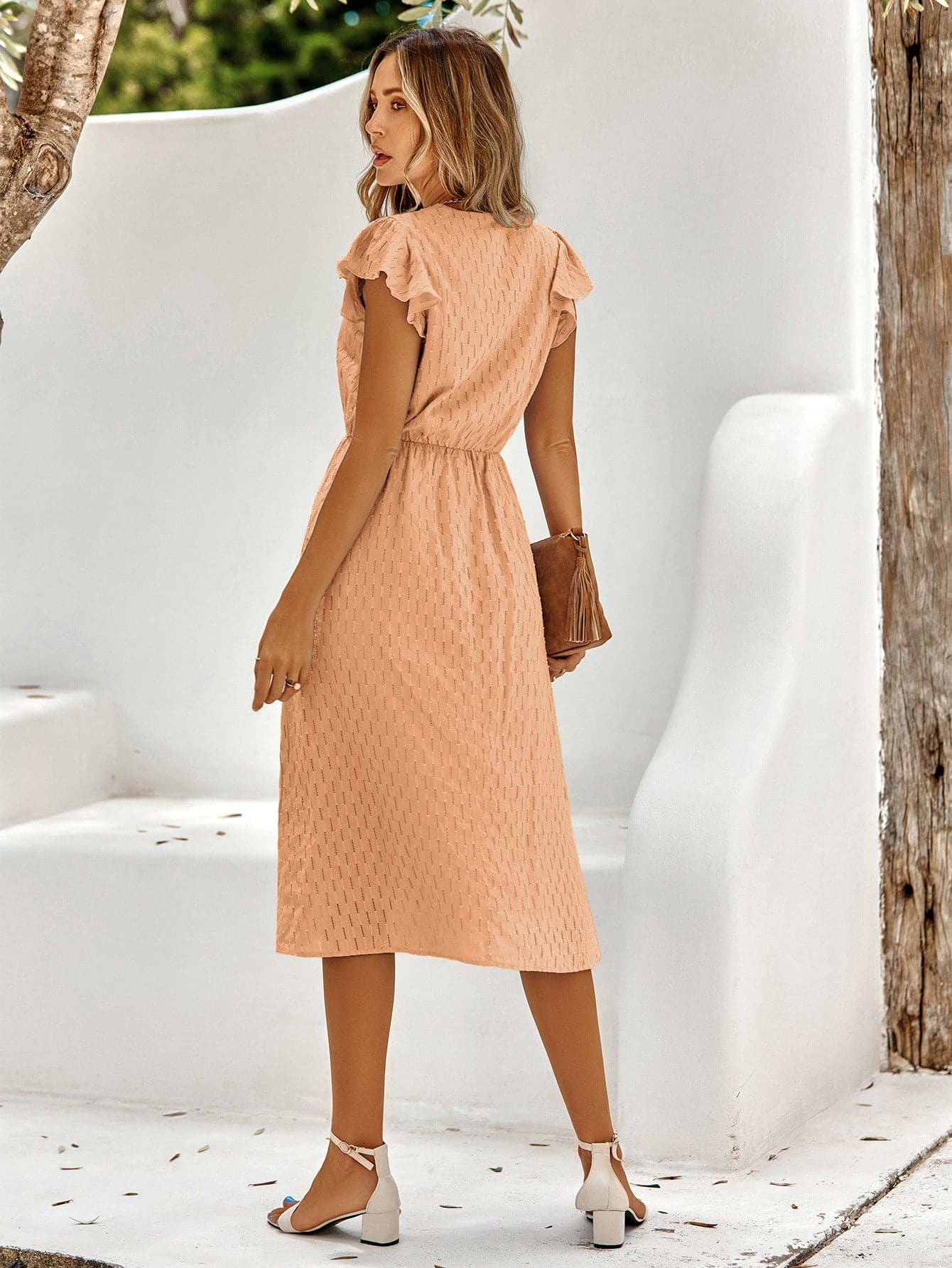 V-Neck Flutter Sleeve Midi Dress.