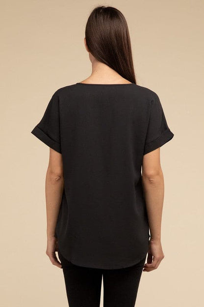 Woven Heavy Dobby Rolled Sleeve Boat Neck Top.