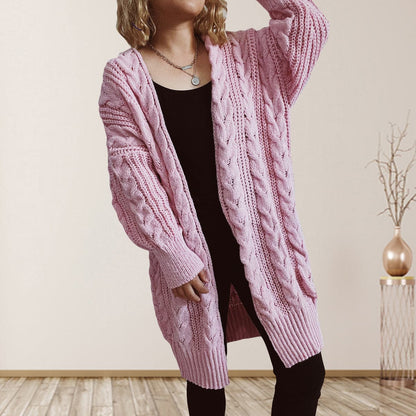 Cable-Knit Open Front Dropped Shoulder Cardigan.