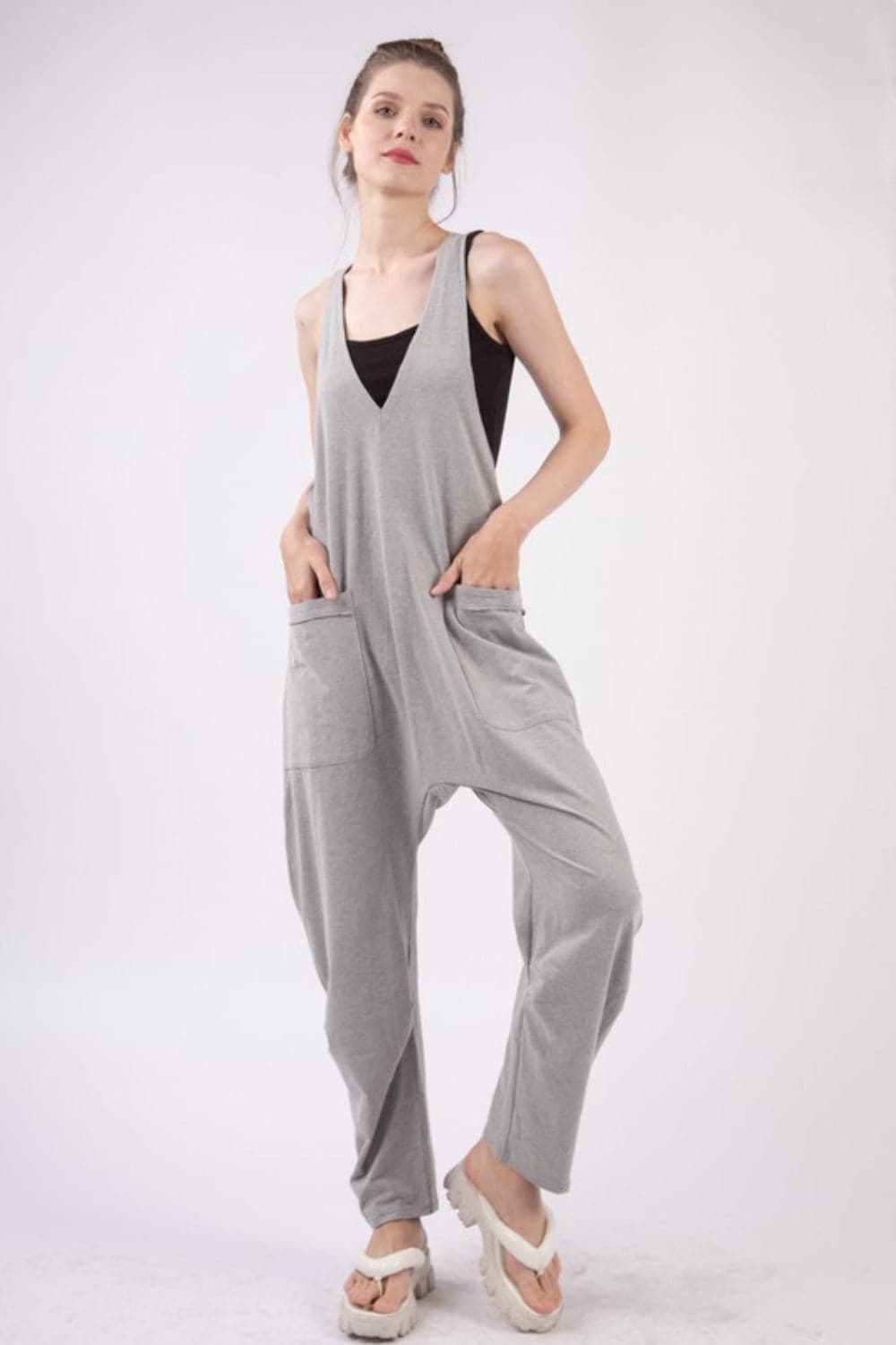 VERY J  Plunge Sleeveless Jumpsuit with Pockets.