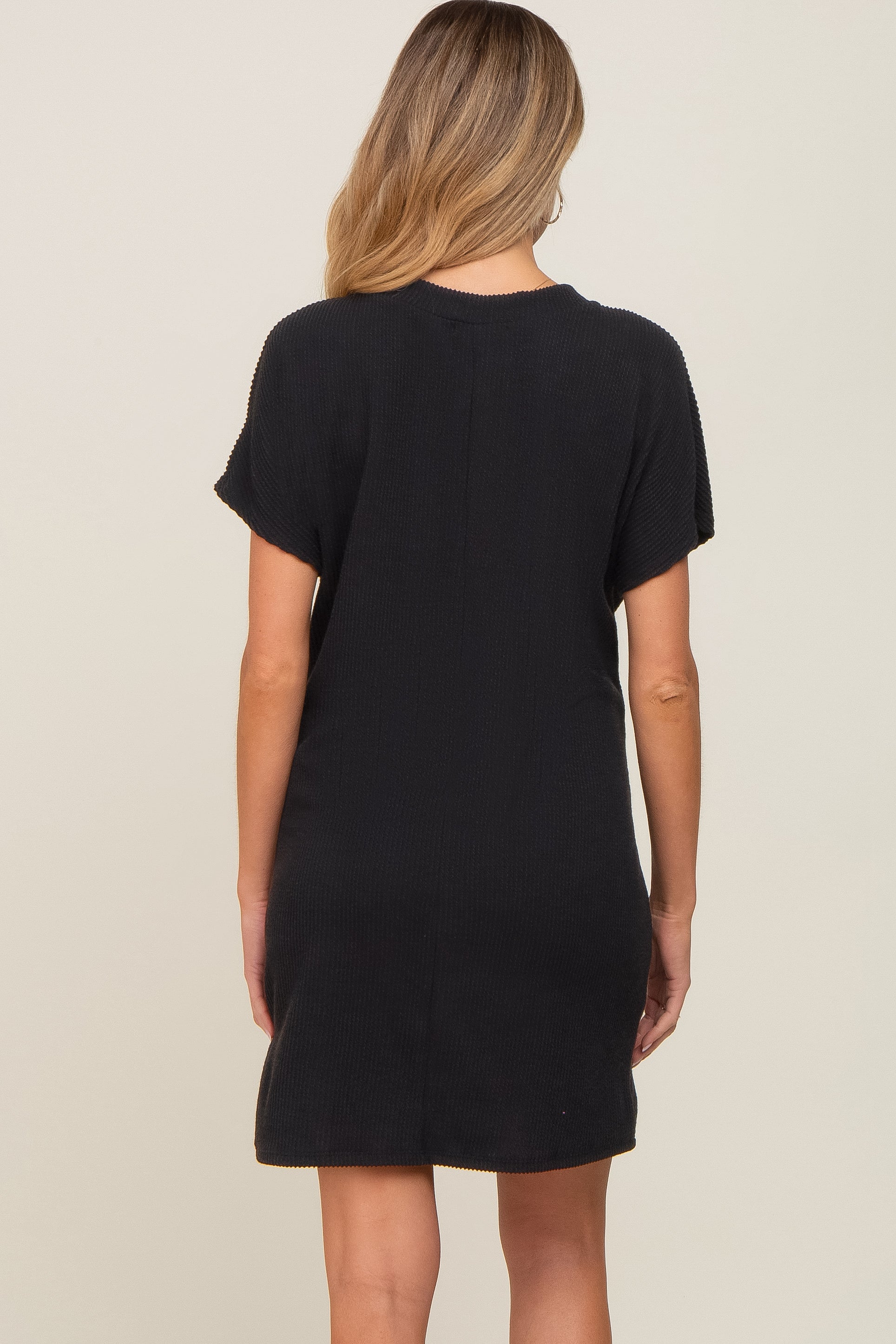 Black Ribbed Front Pocket Dolman Short Sleeve Maternity Dress PinkBlush