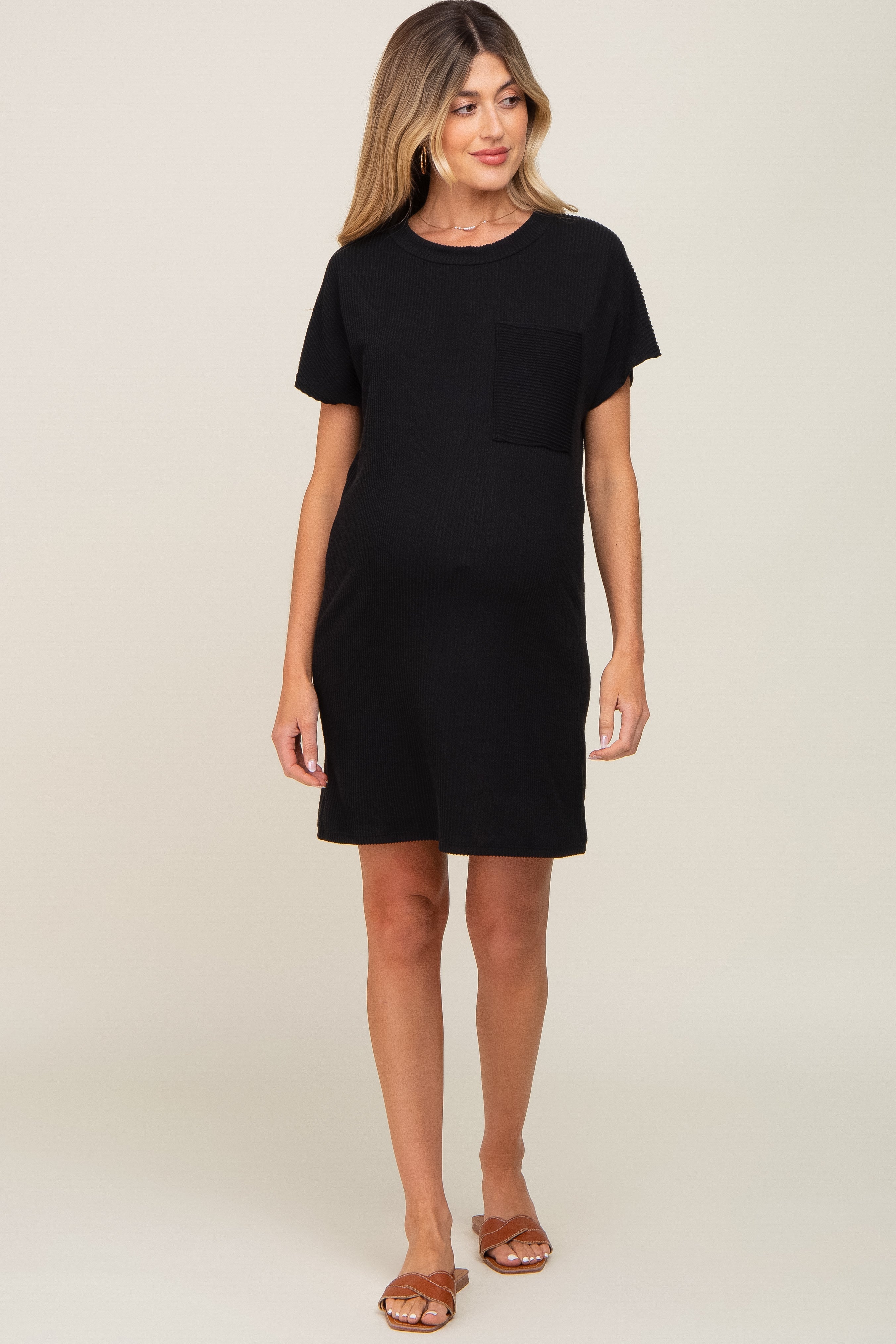 Black Ribbed Front Pocket Dolman Short Sleeve Maternity Dress PinkBlush