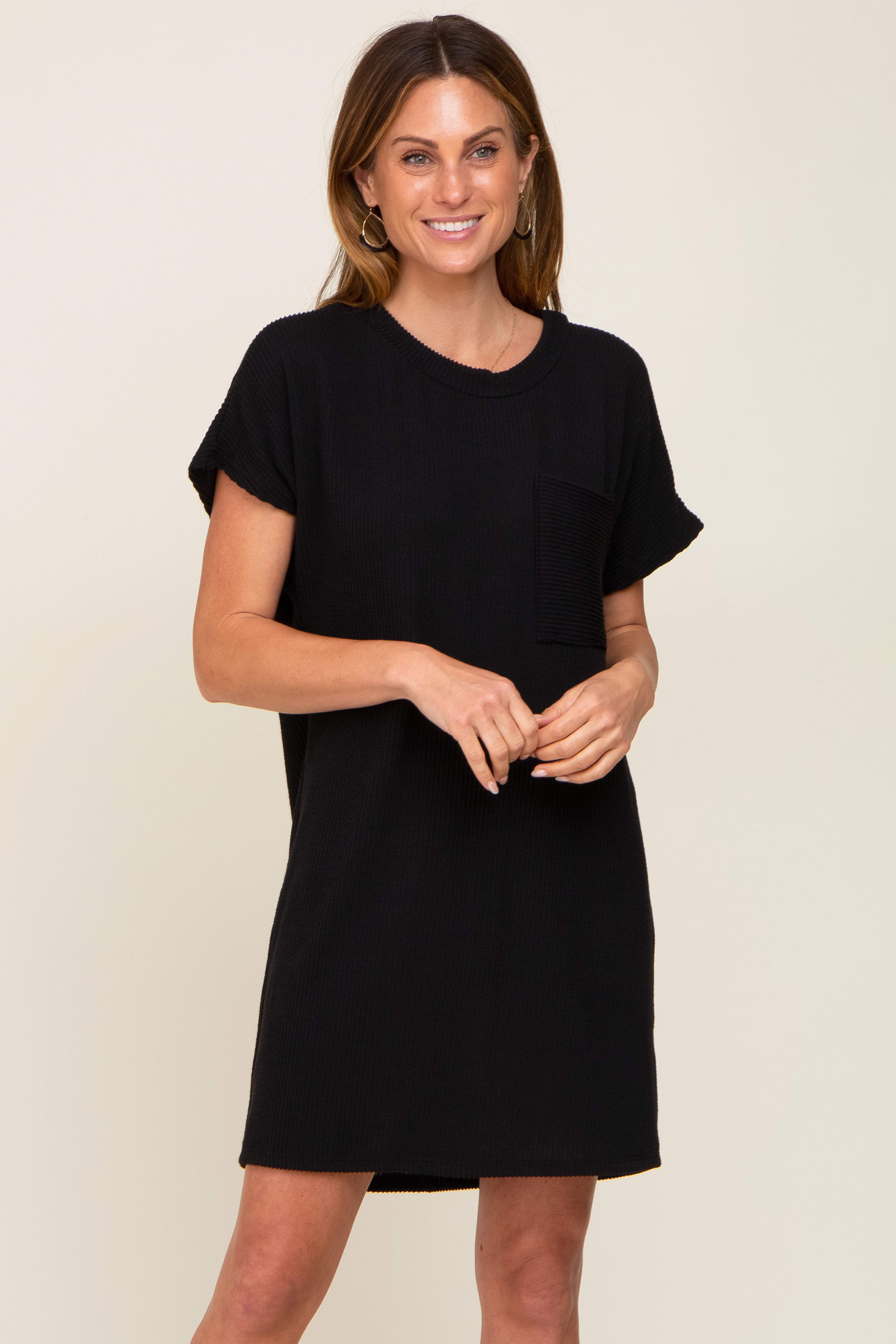 Black Ribbed Front Pocket Dolman Short Sleeve Maternity Dress PinkBlush