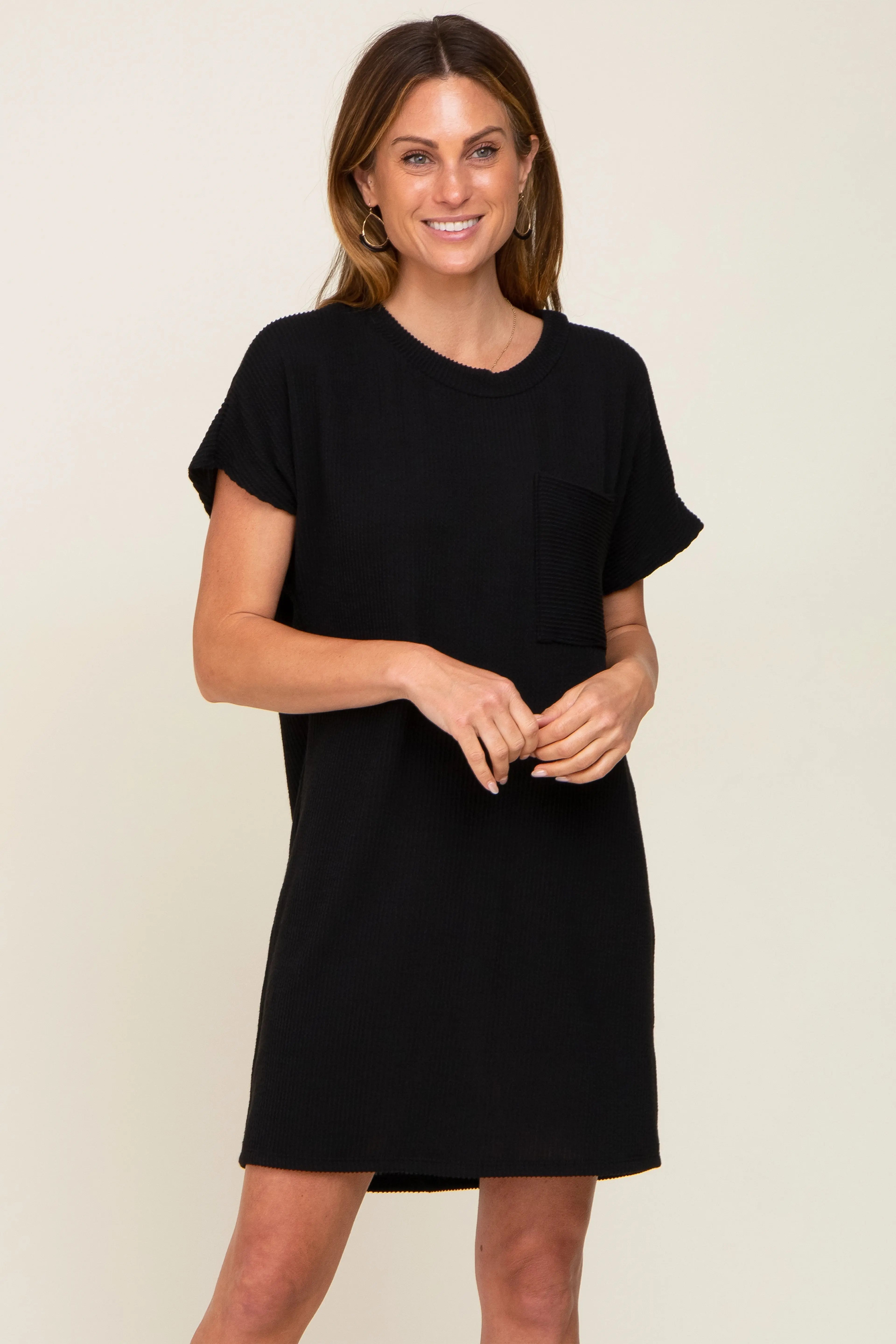 Black Ribbed Front Pocket Dolman Short Sleeve Dress PinkBlush