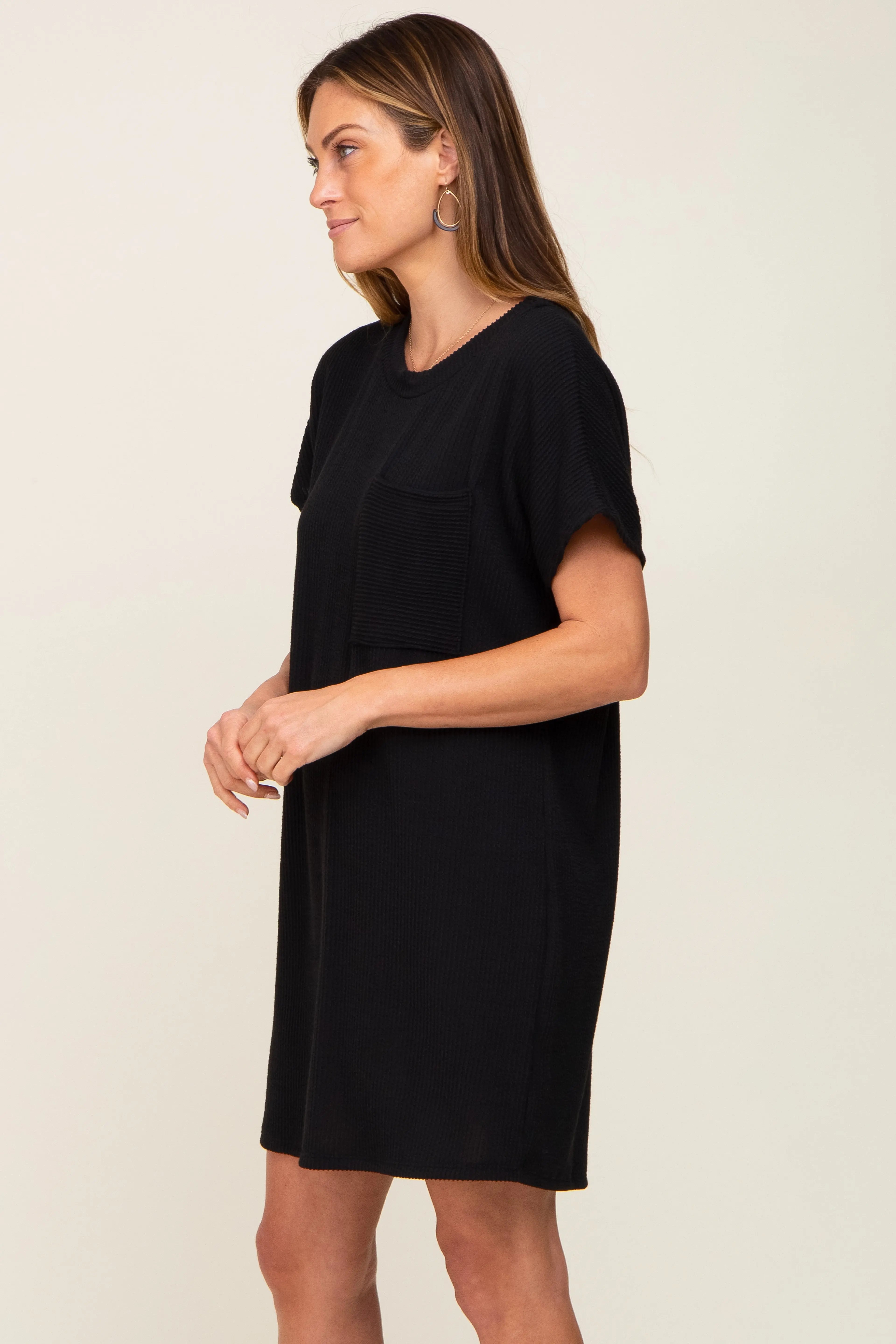 Black Ribbed Front Pocket Dolman Short Sleeve Dress PinkBlush