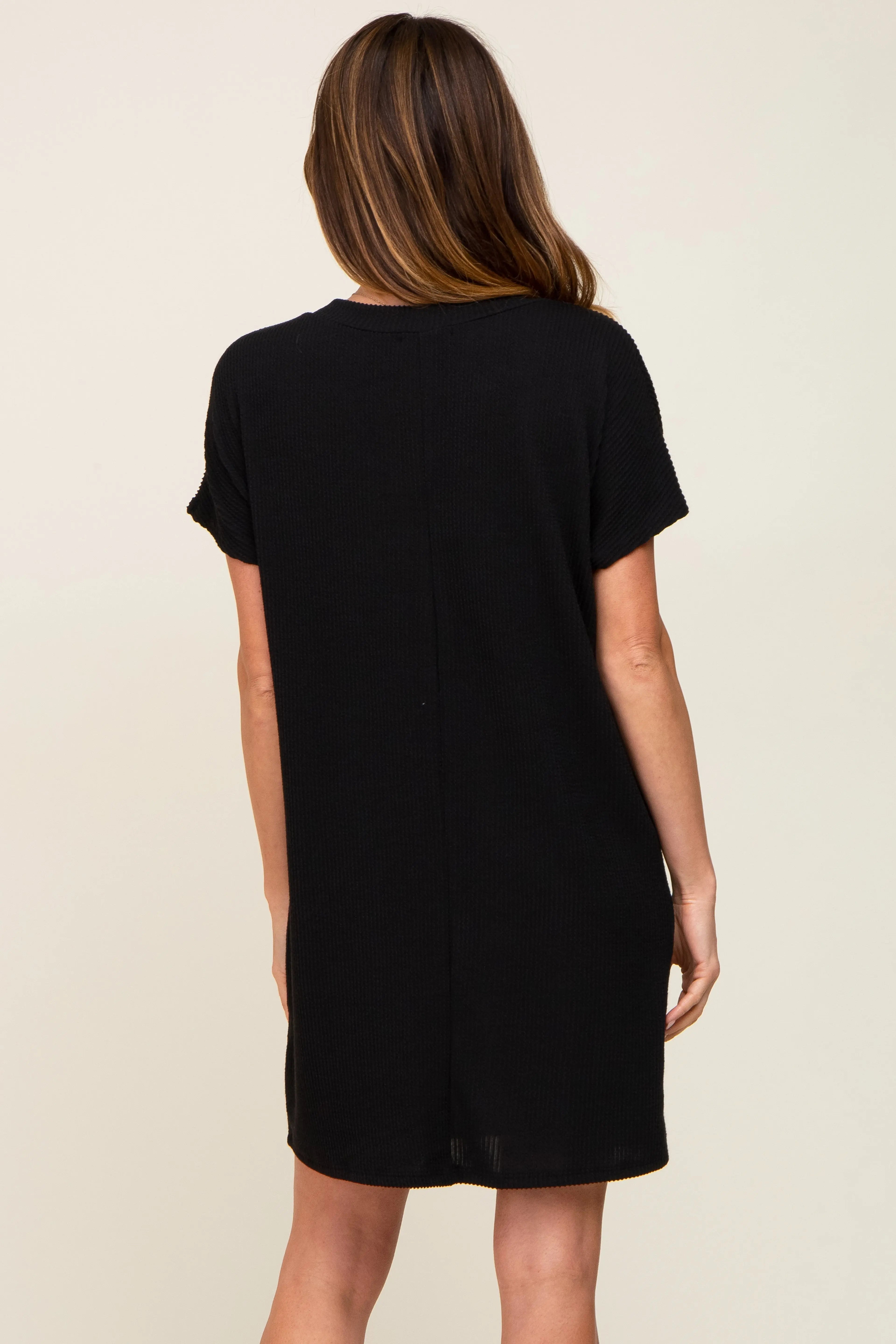 Black Ribbed Front Pocket Dolman Short Sleeve Dress PinkBlush