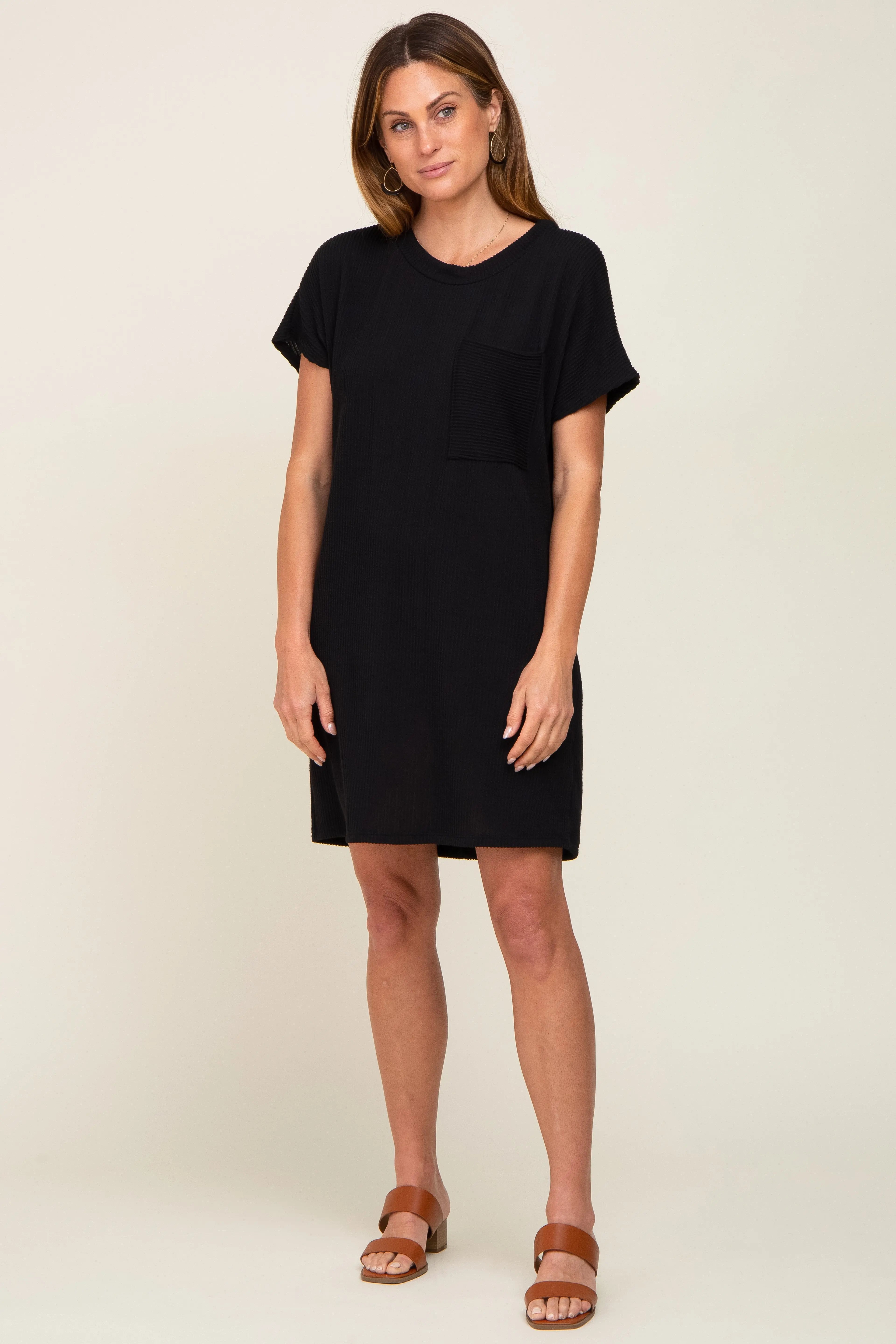 Black Ribbed Front Pocket Dolman Short Sleeve Dress PinkBlush